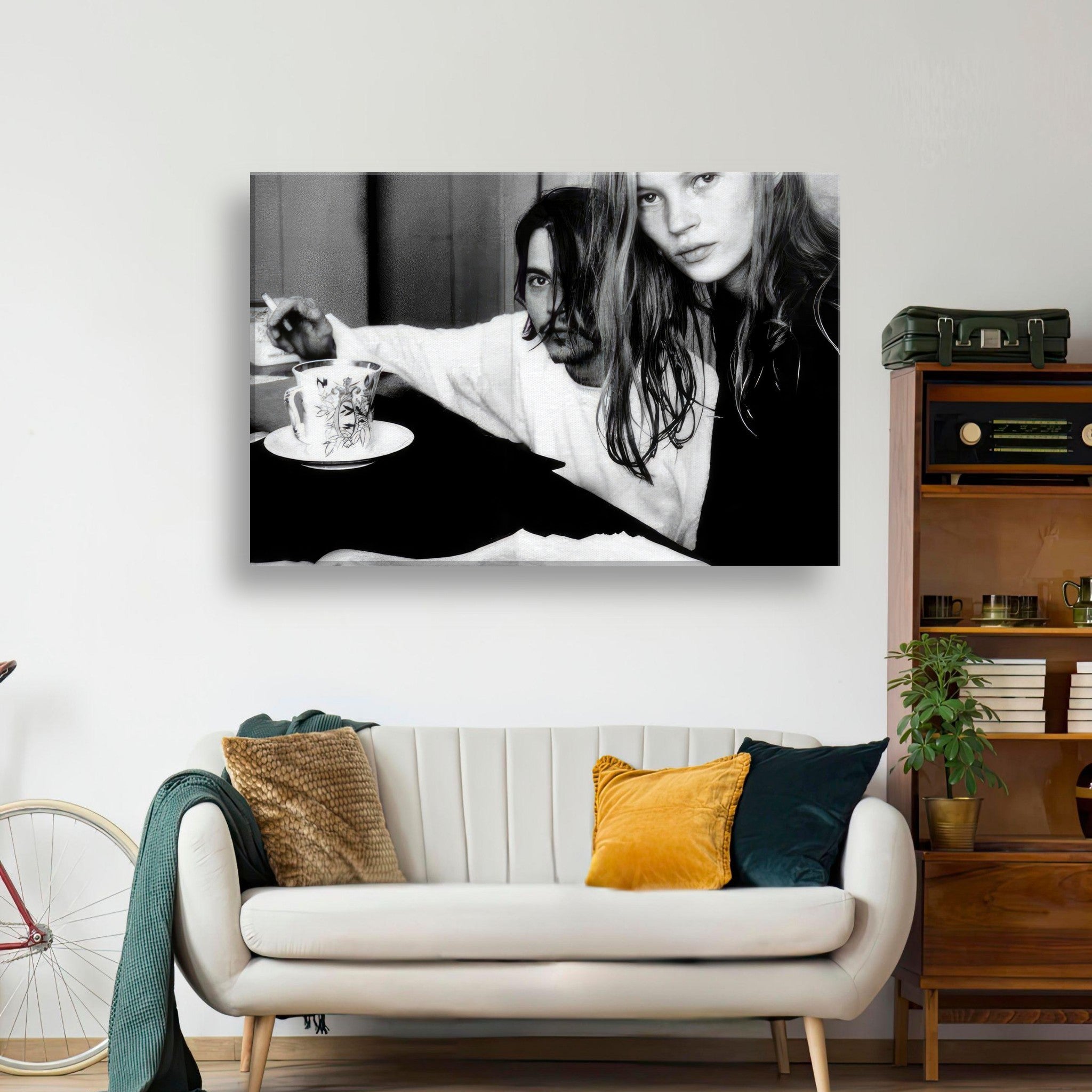 Rebel Romance canvas print of Johnny Depp and Kate Moss in black-and-white, capturing 90s nostalgia and vintage glamour.