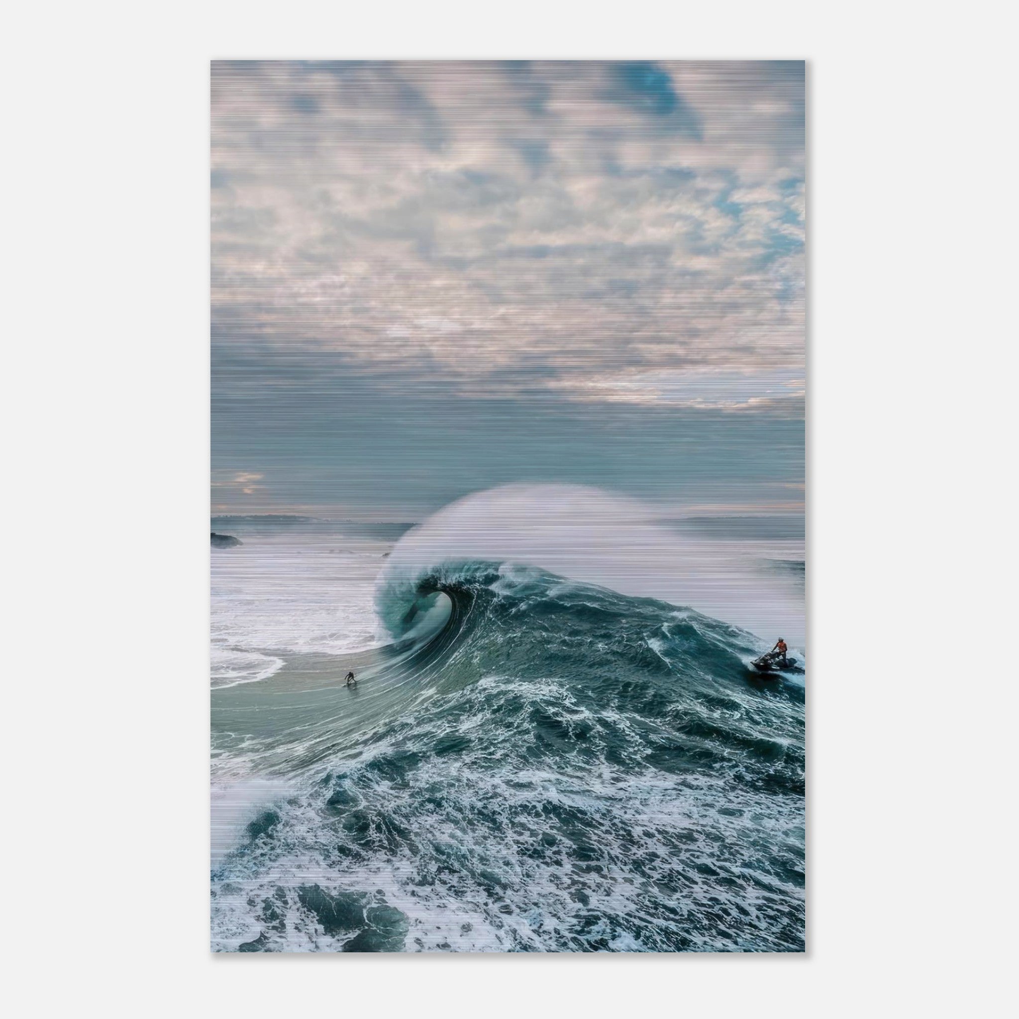 Big Wave Surfing brushed metal print showcasing a surfer riding a massive wave with dramatic ocean backdrop.