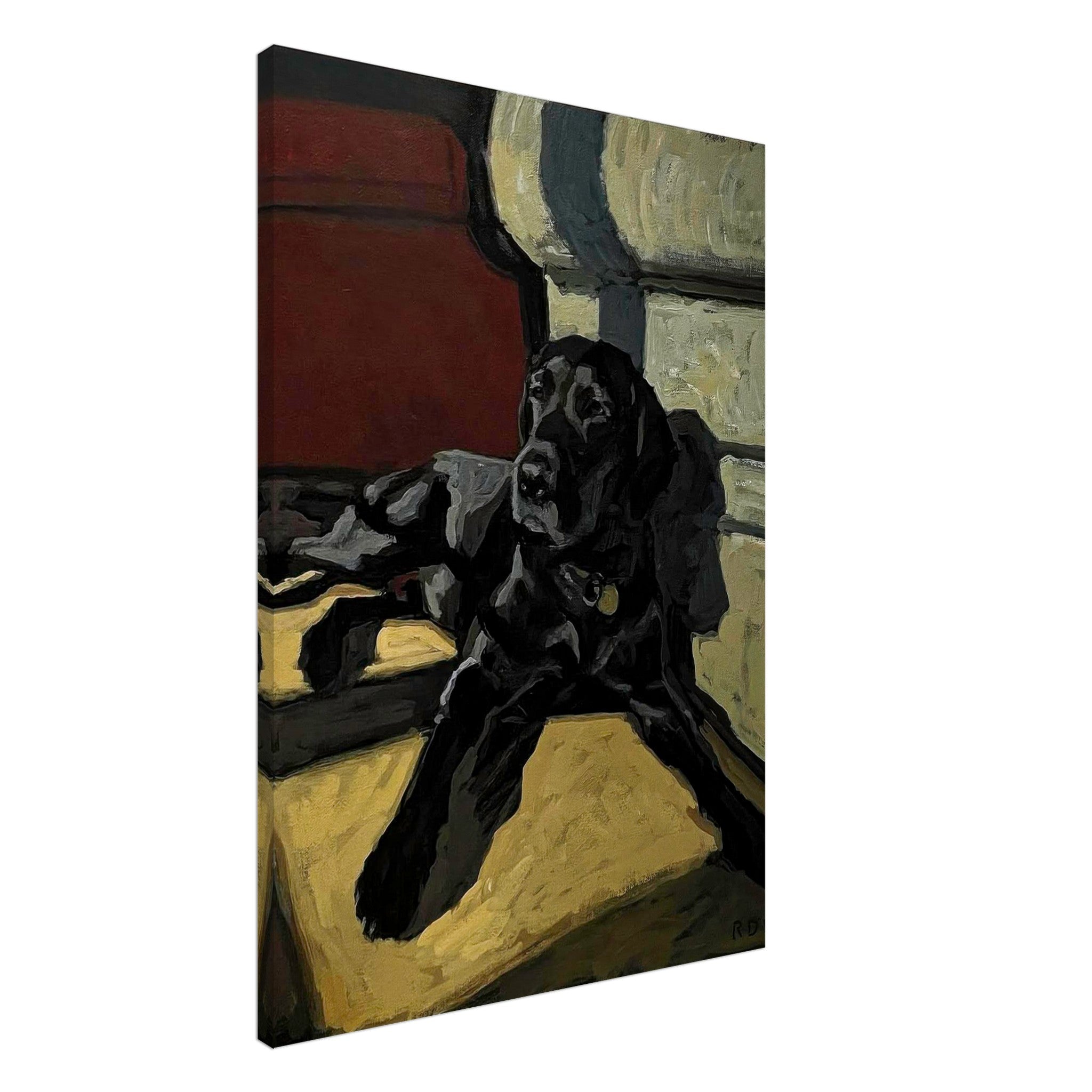 Black Labrador dog painting canvas print showcasing a relaxed black Labrador in warm, earthy tones.