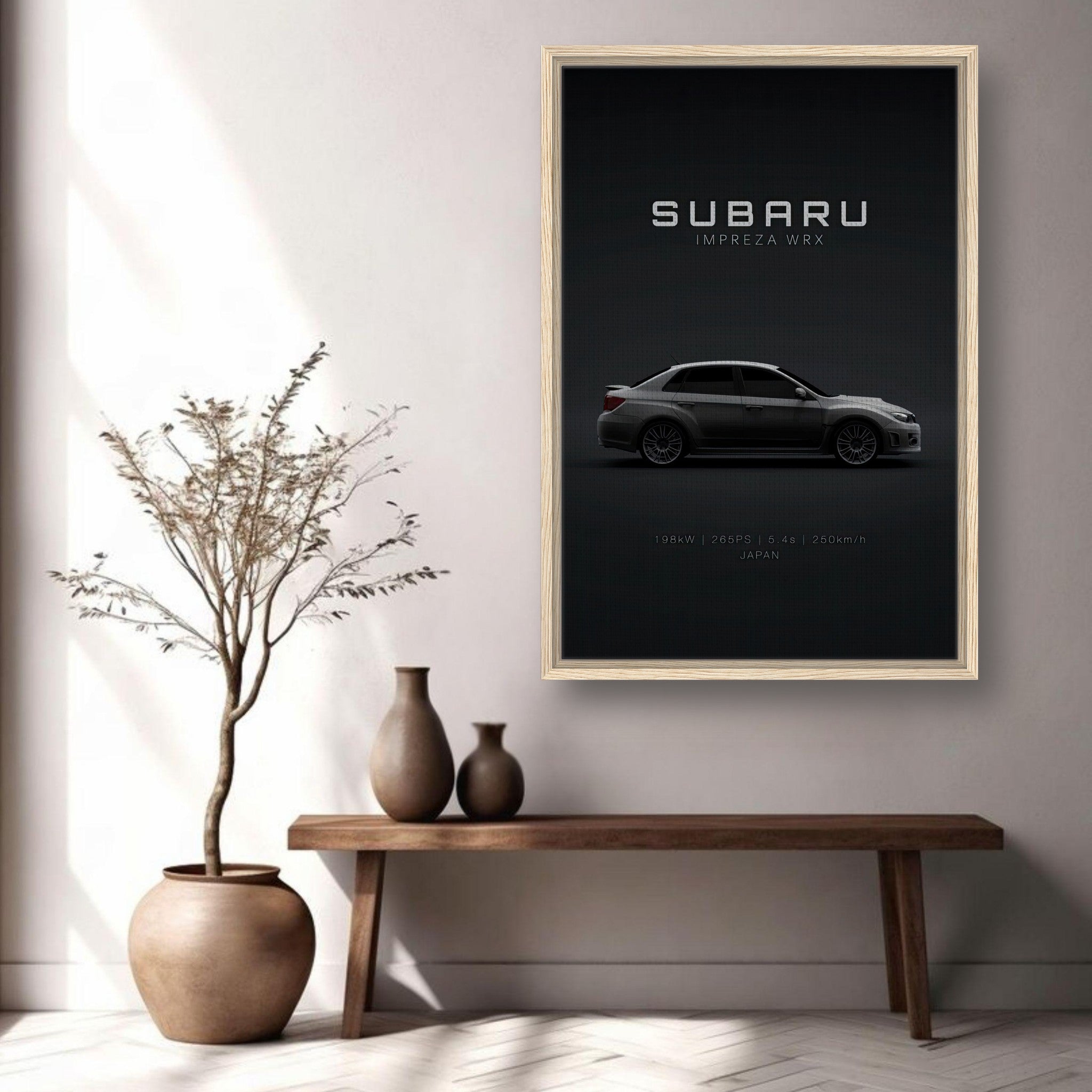 Subaru WRX framed canvas art featuring sleek profile design, perfect for car enthusiasts and home decor.