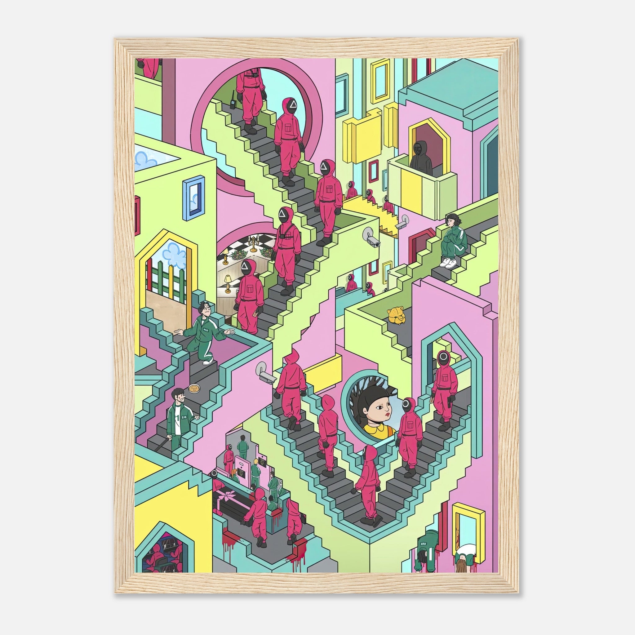 Squid Game Stairs framed print featuring surreal, colorful artwork with geometric staircase design and faceless guards.
