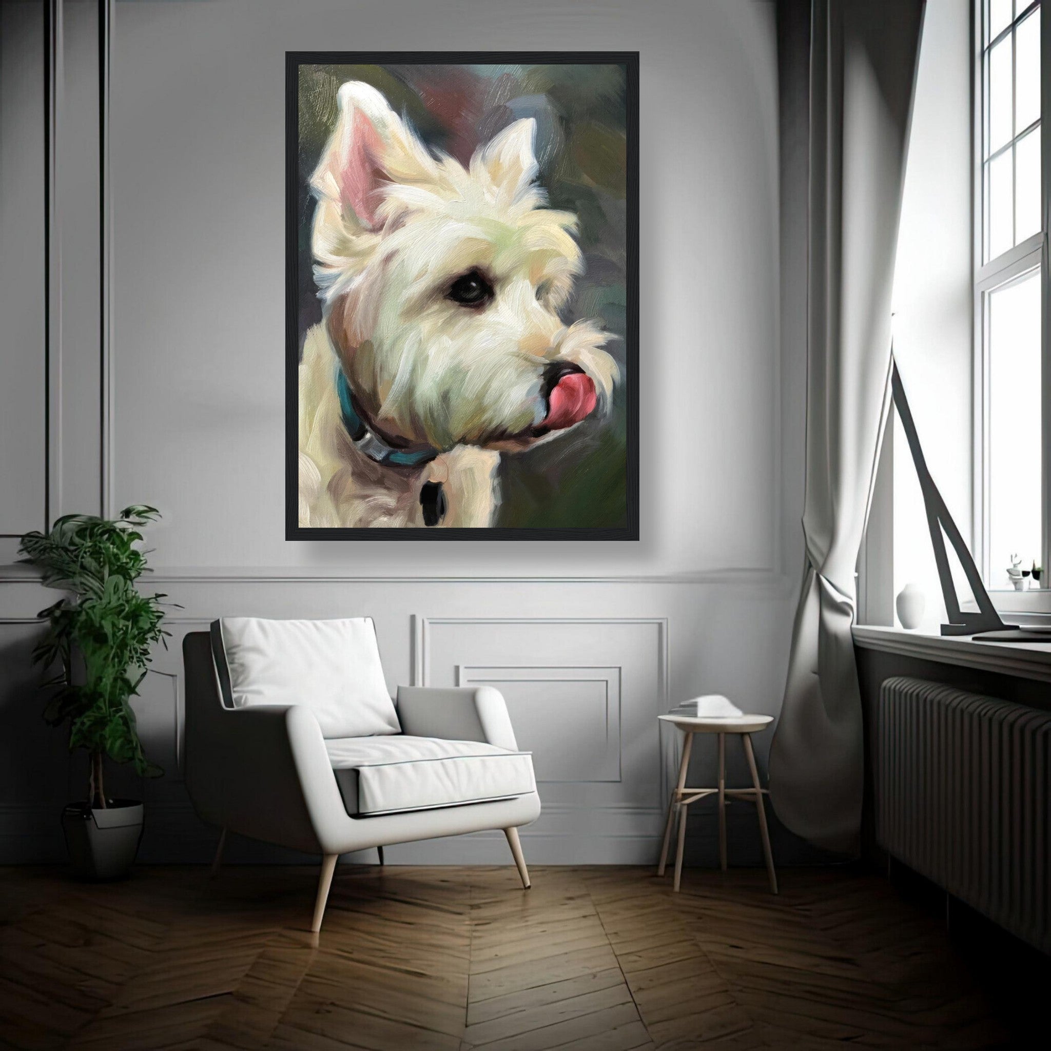 Framed Westie Dog painting showcasing a playful West Highland White Terrier in a stylish home setting.
