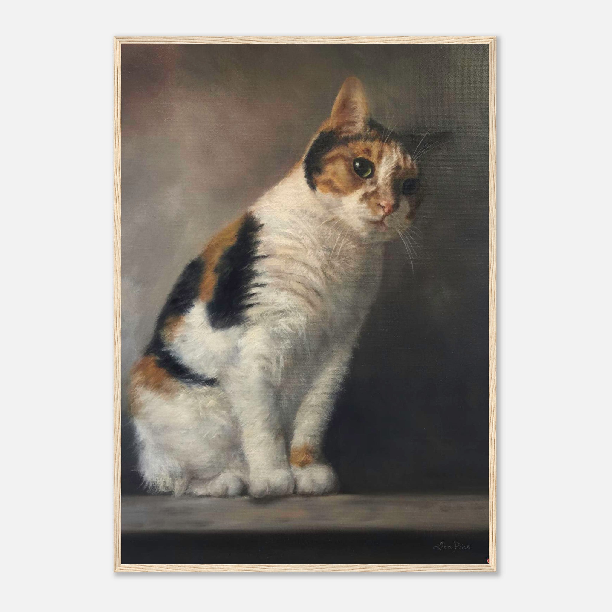 Realistic cat portrait painting framed print showcasing a lifelike depiction of a calico cat.