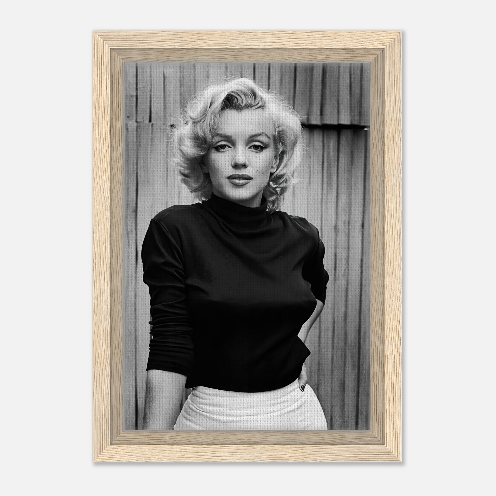 Black-and-white portrait of Marilyn Monroe in a framed canvas print, showcasing her timeless elegance and charisma.