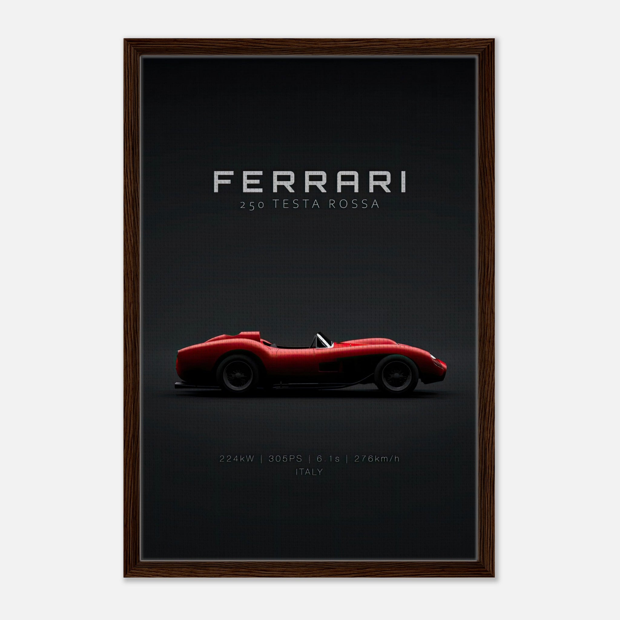 Ferrari 250 Testa Rossa framed canvas print featuring iconic red silhouette on minimalist black background.