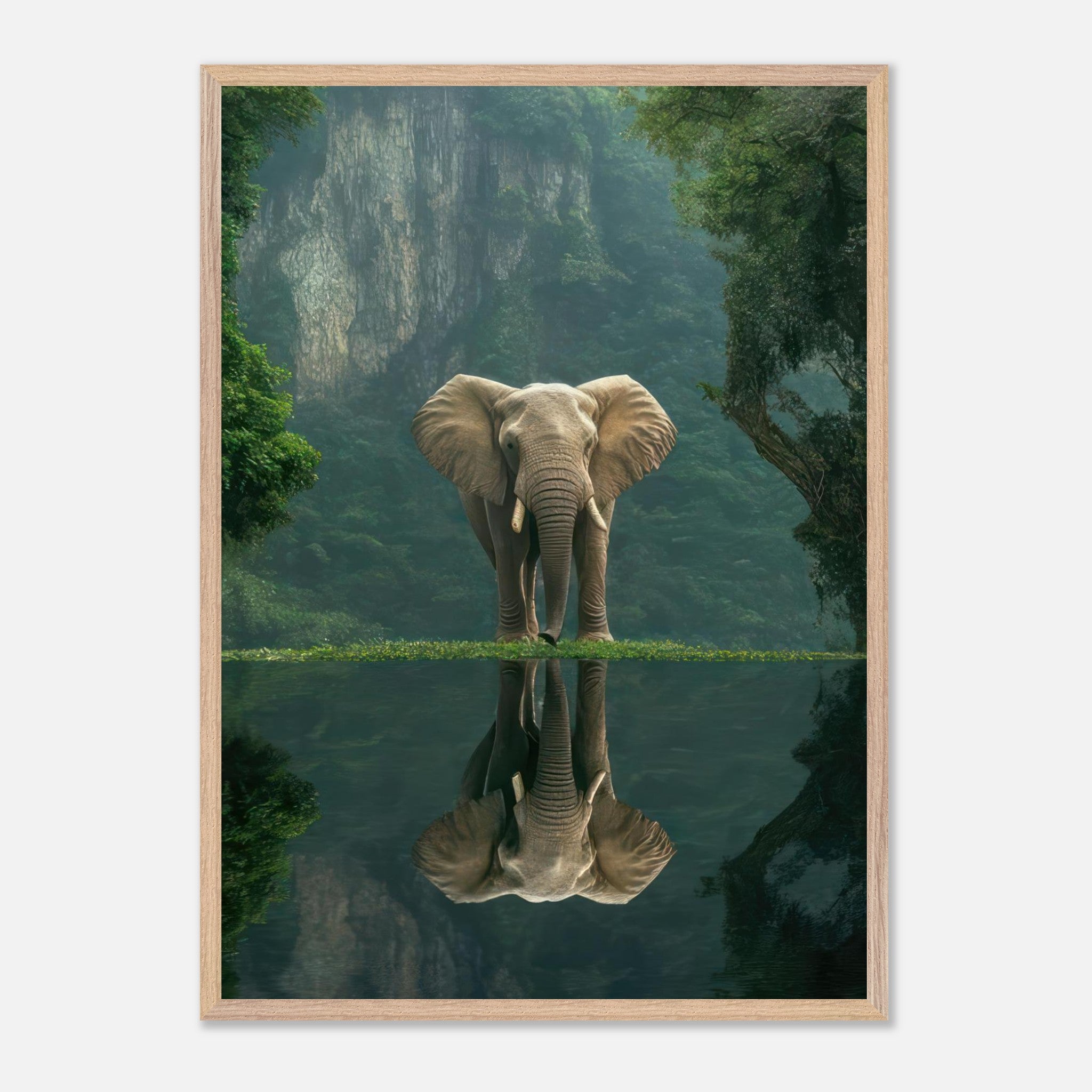 Jungle Elephant Portrait reflecting in water, showcasing fine art with rich details and vibrant greens.