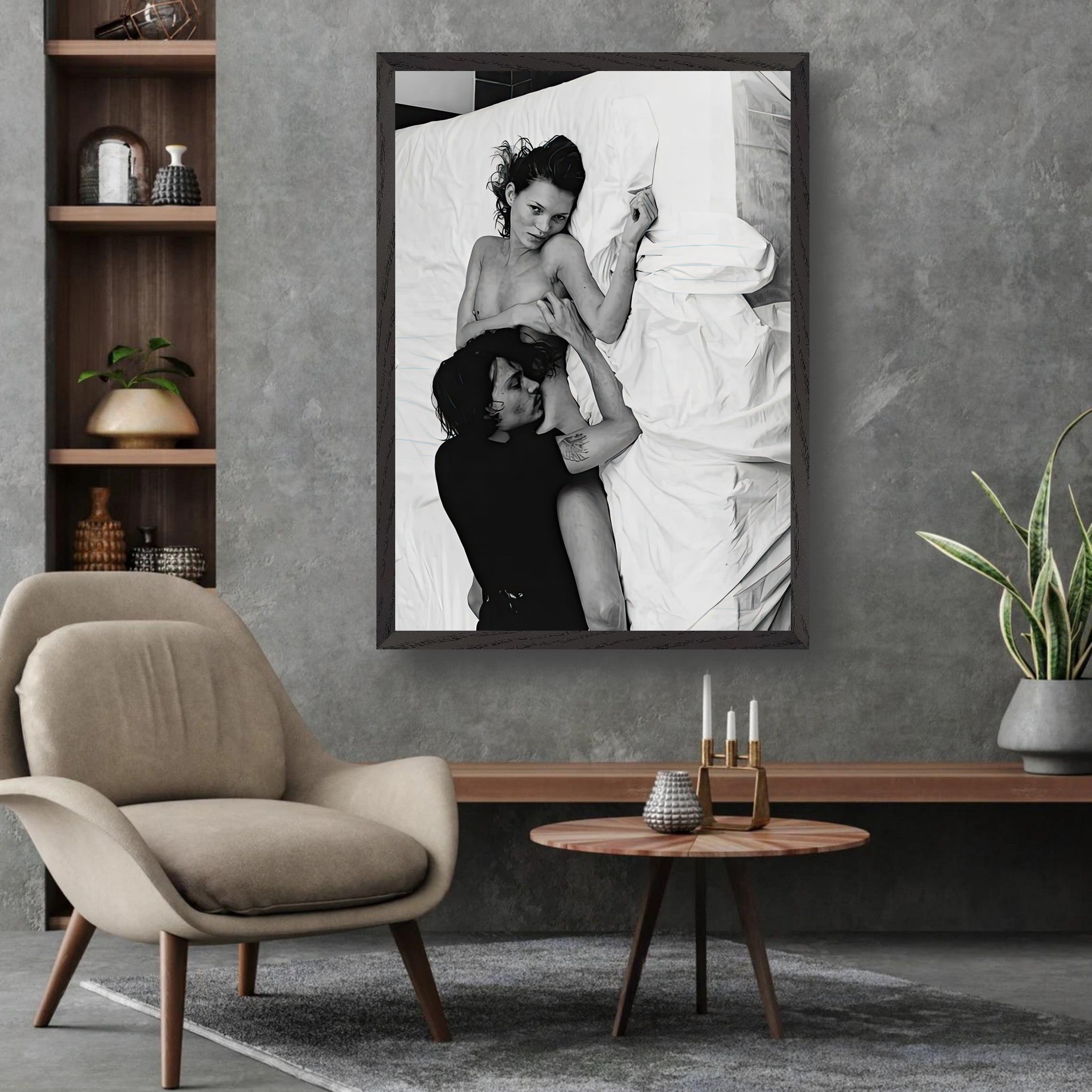 Black and white fine art print of a couple, showcasing intimacy and passion, displayed in a modern living space.