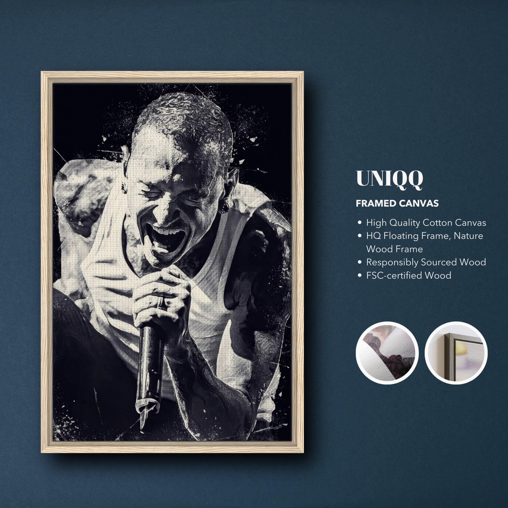 Chester Bennington framed canvas print showcasing powerful rock performance on high-quality cotton canvas.
