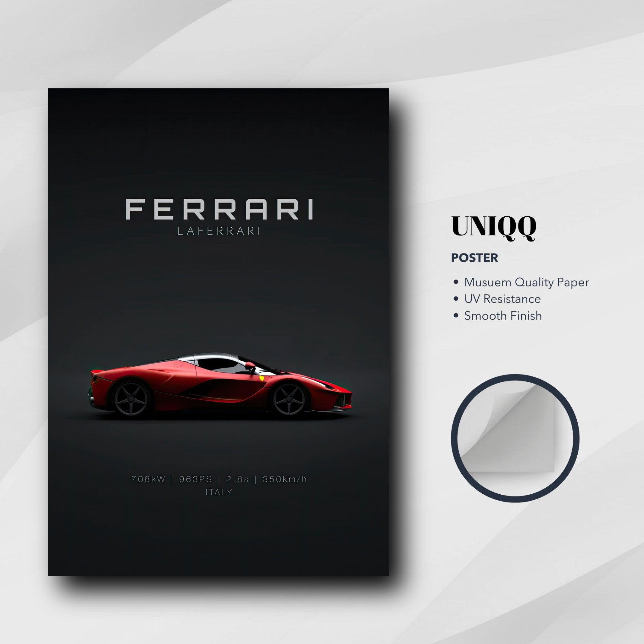 Ferrari Laferrari poster showcasing the iconic hybrid hypercar against a deep black background.