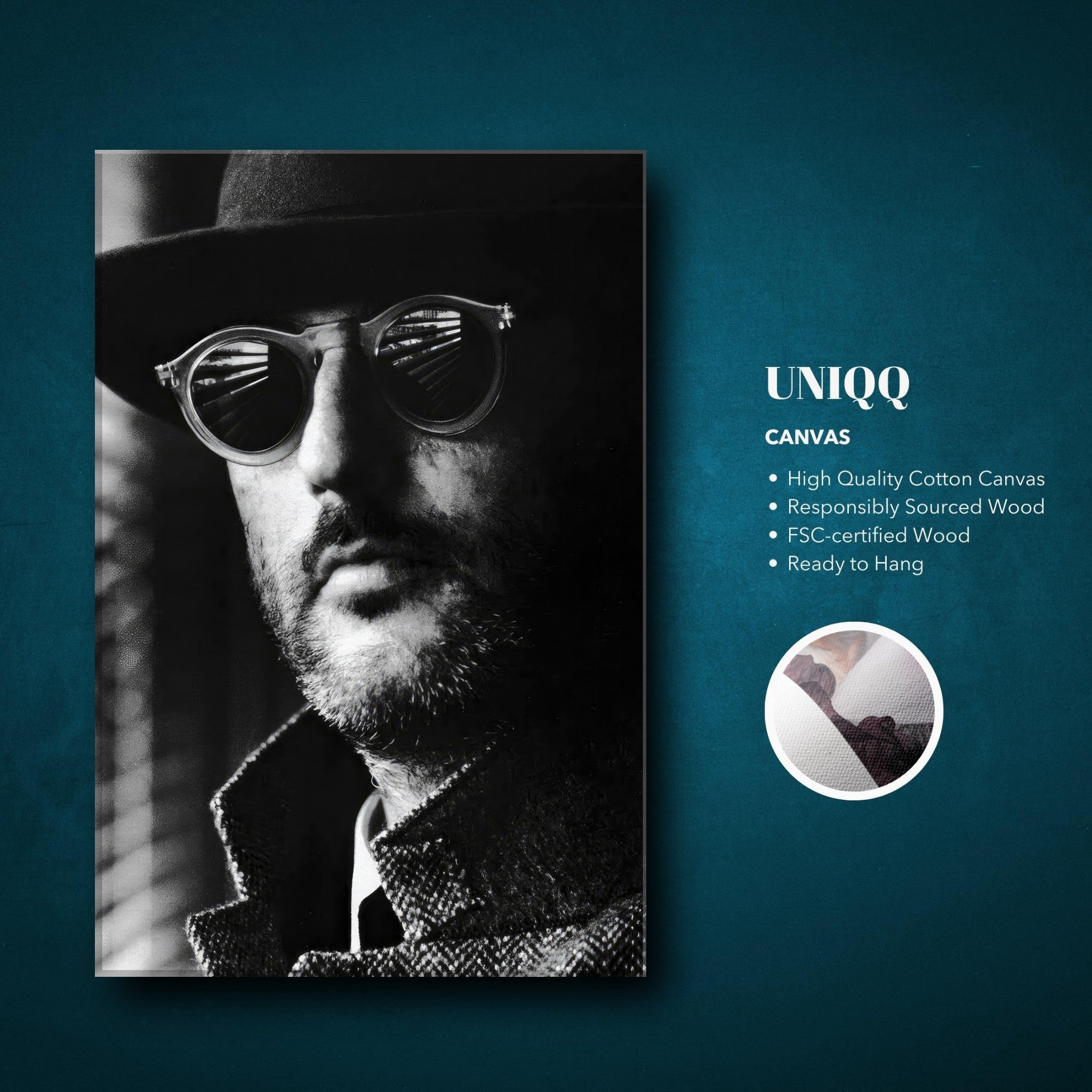 Jean Reno inspired black-and-white canvas art, showcasing sharp details and sophisticated design for any room.