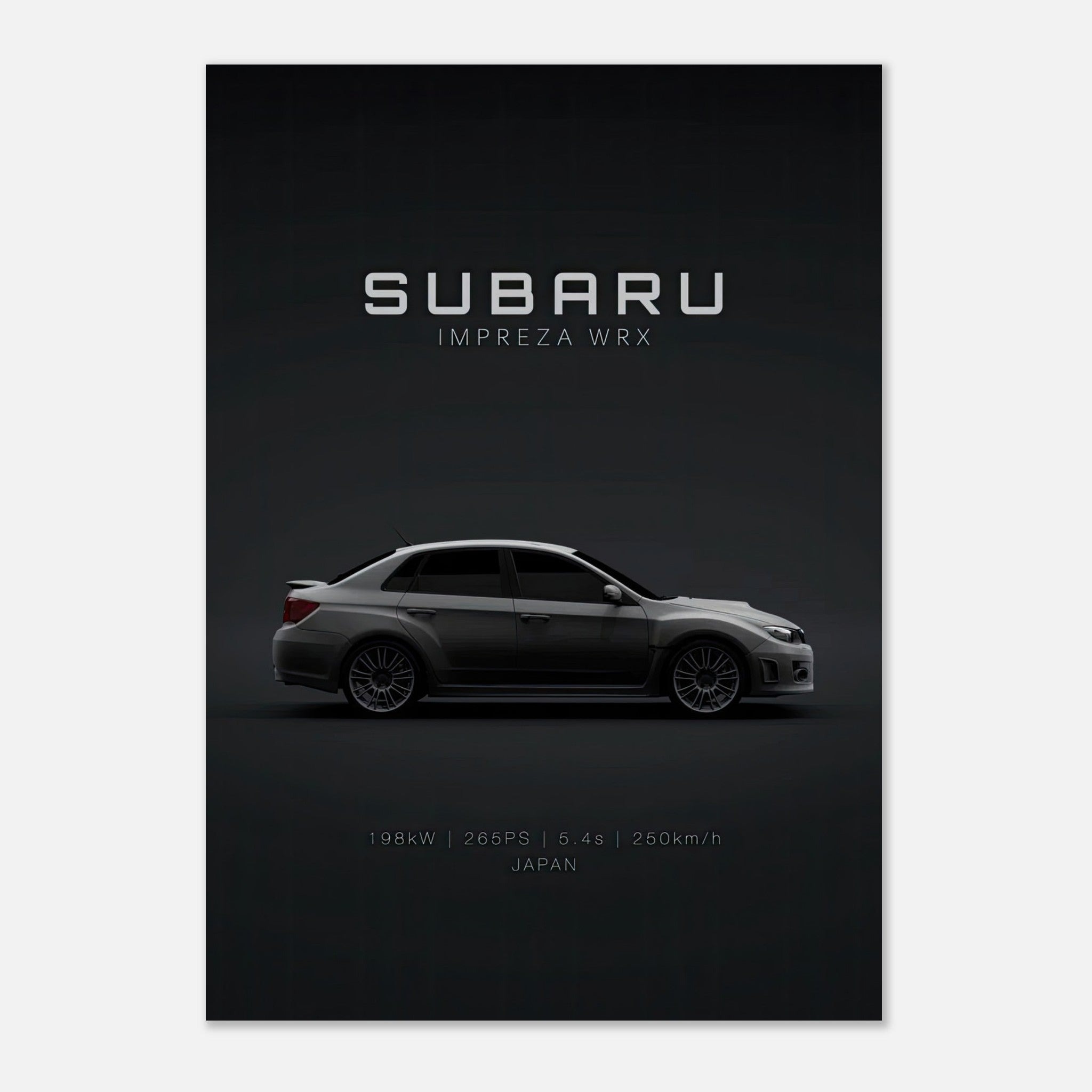 Subaru WRX poster featuring sleek design and performance specs on a dark background.