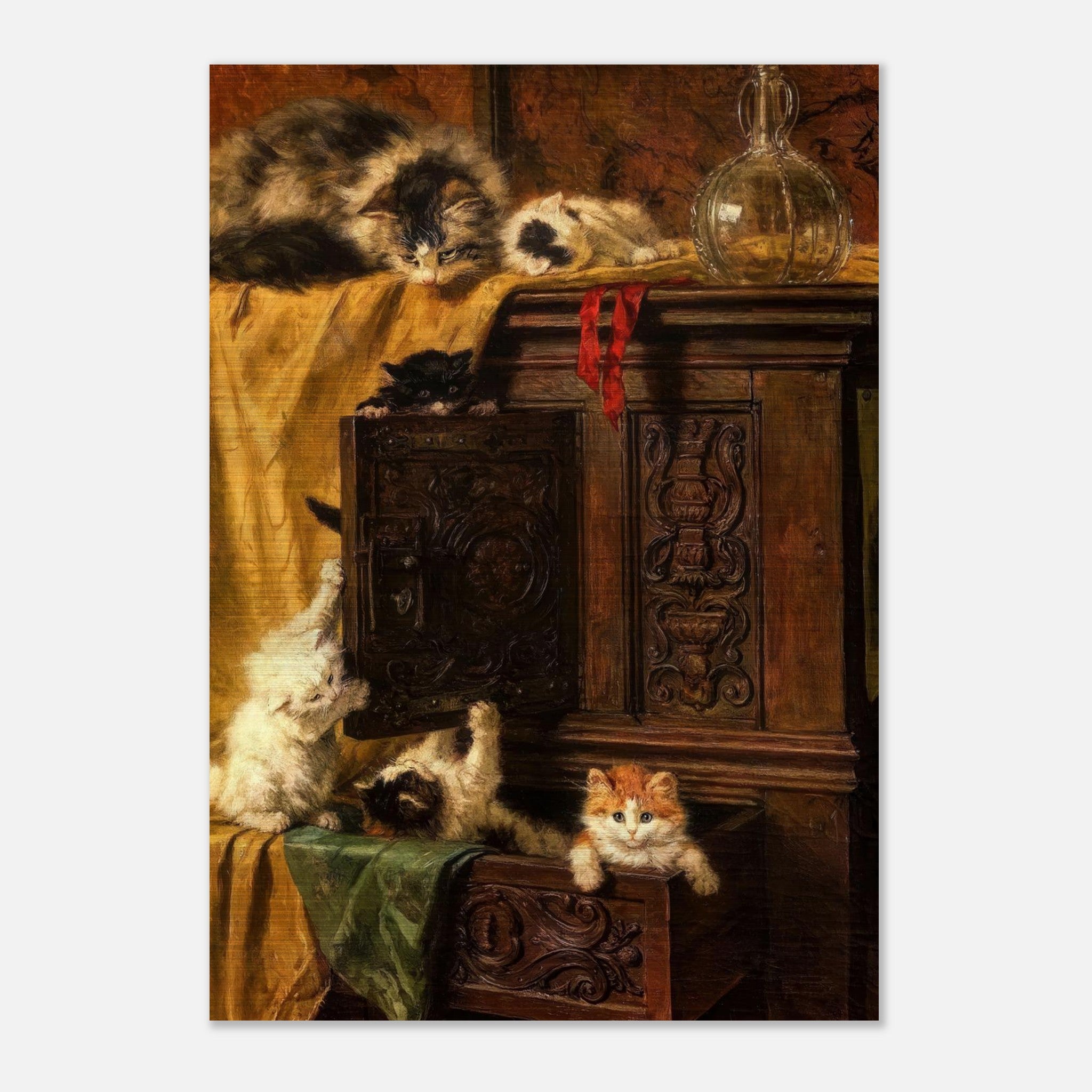 Vintage cat painting featuring playful kittens exploring an elegant wooden cabinet.