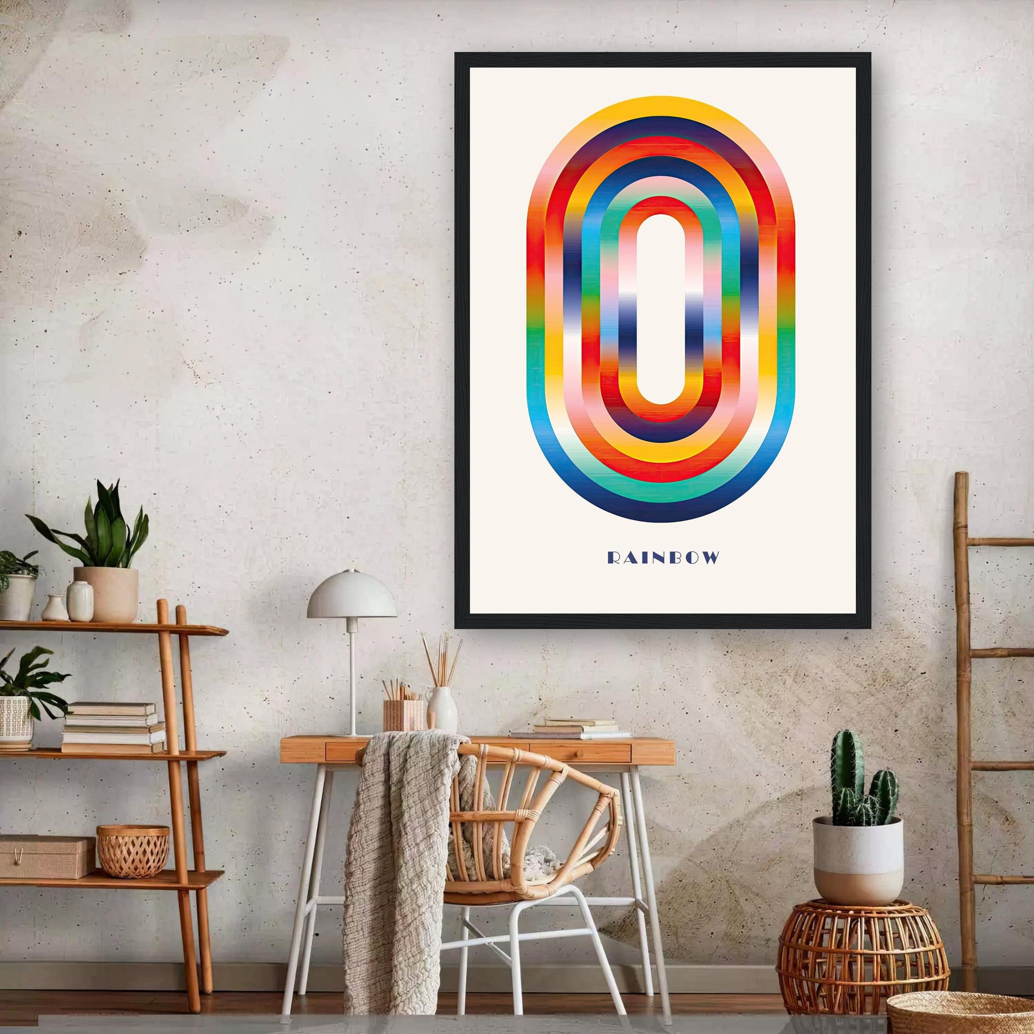 Framed Abstract Rainbow Geometric Art print showcasing vibrant hues and smooth gradients in a modern interior.
