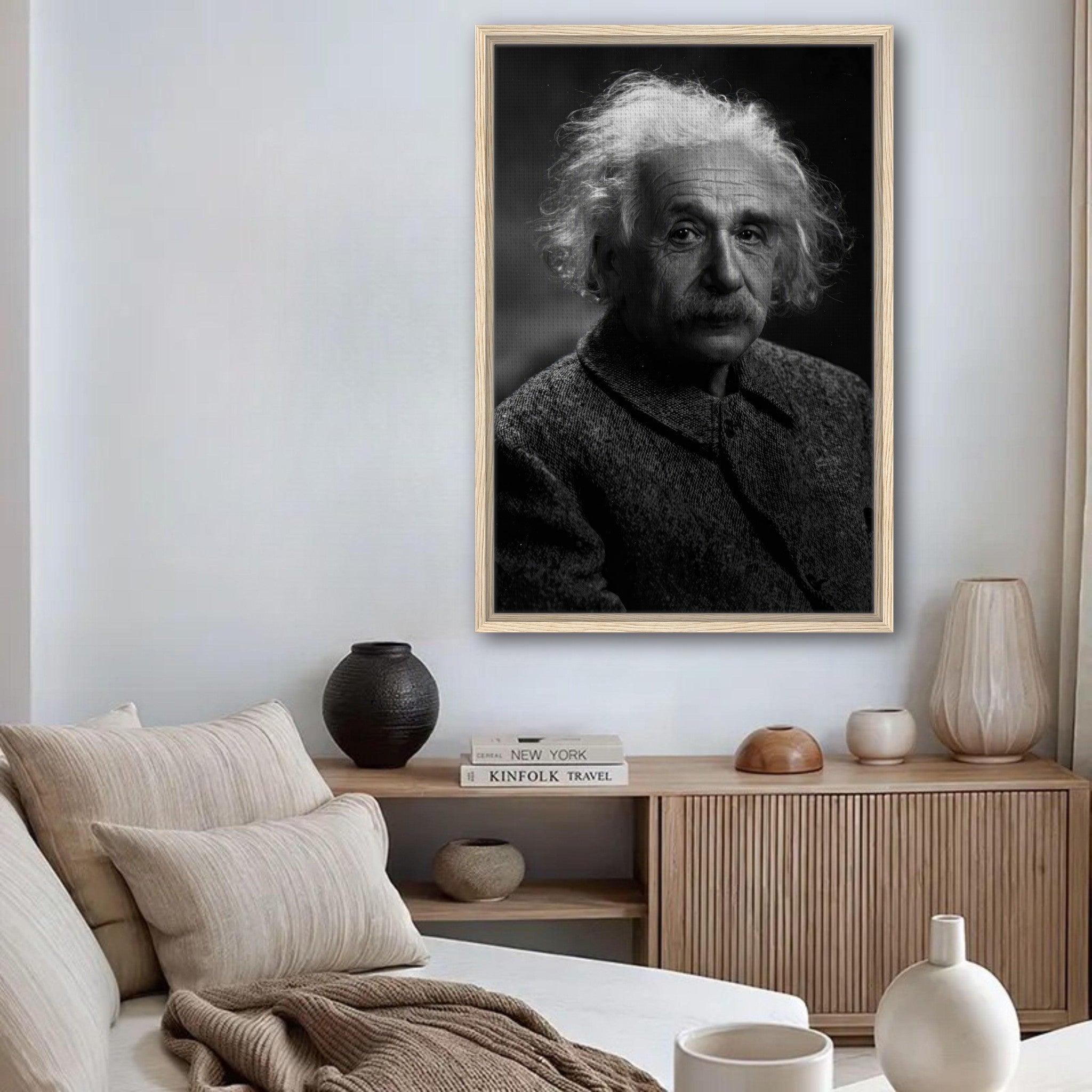 Albert Einstein framed canvas print in a modern living room setup, showcasing a classic black and white portrait.