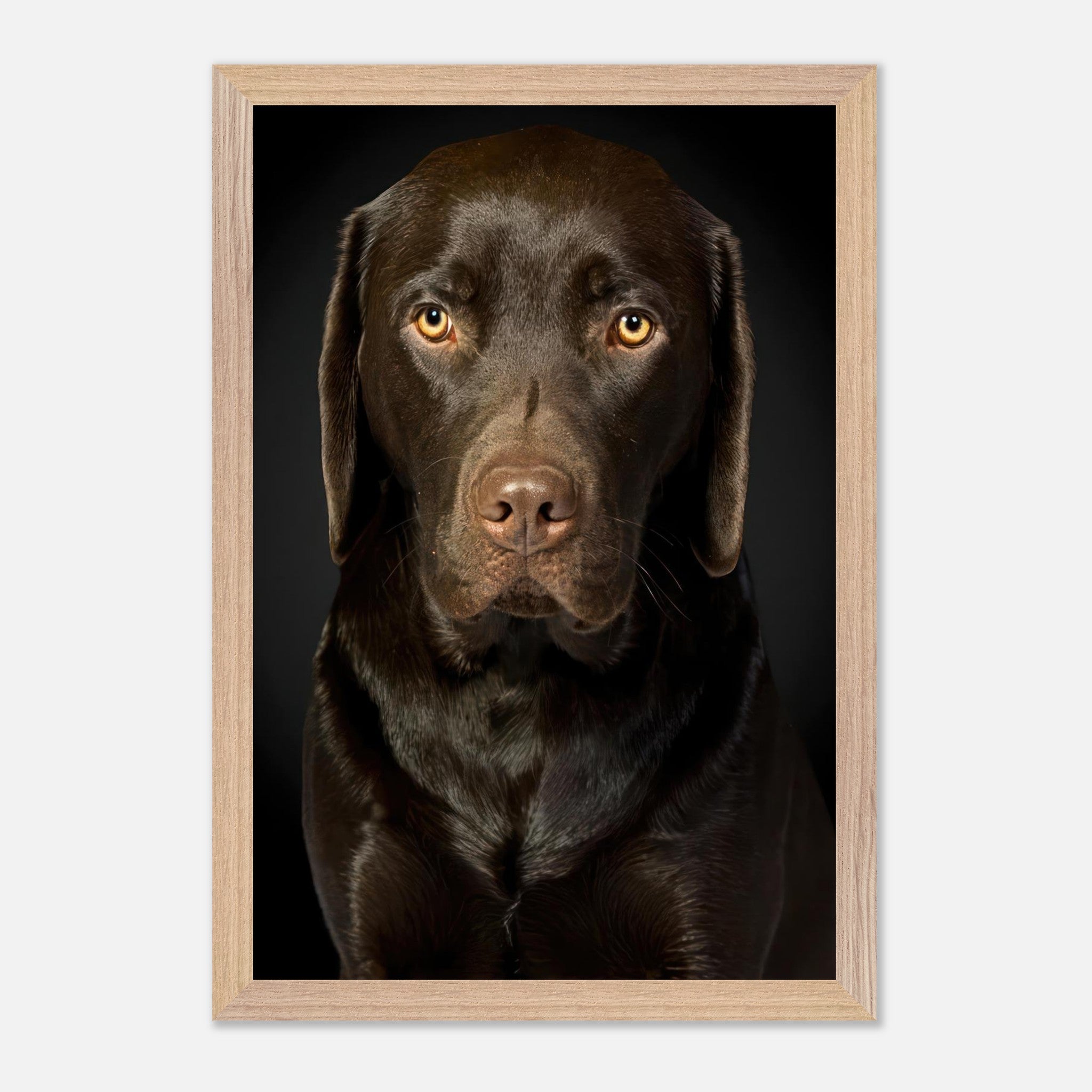Chocolate Labrador portrait in a wooden frame, showcasing its rich coat and soulful gaze against a dark background.