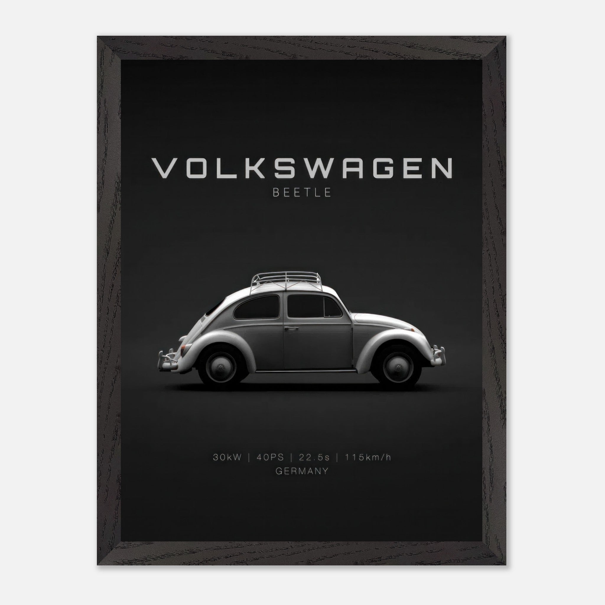 Volkswagen Beetle Vintage Framed Art showcasing classic car design on minimalist black background.