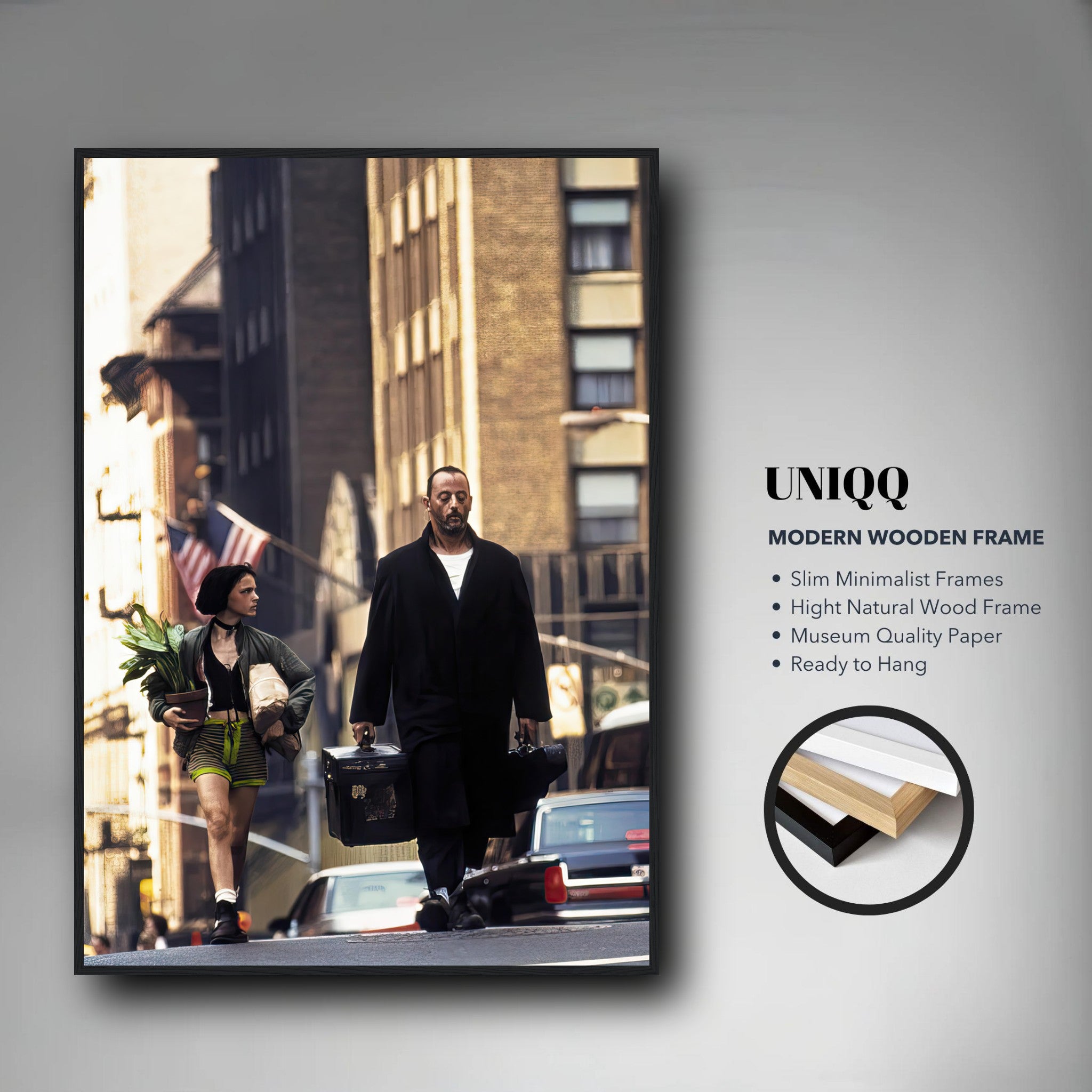 Jean Reno and Natalie Portman in *Leon*, iconic framed print capturing their bond in the city.