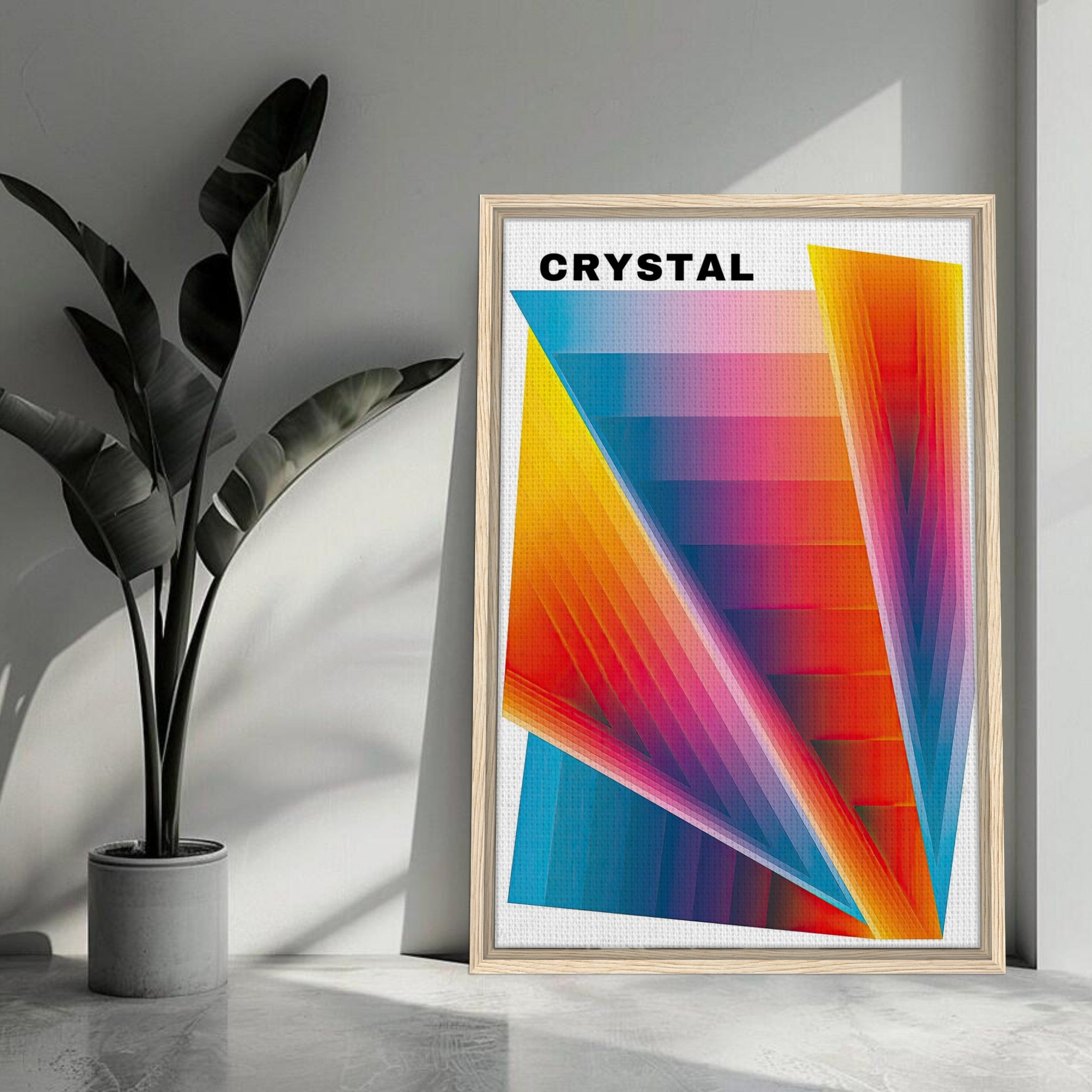 Framed Crystal Abstract Art Canvas Print featuring vibrant colors and geometric design in a modern interior setting.