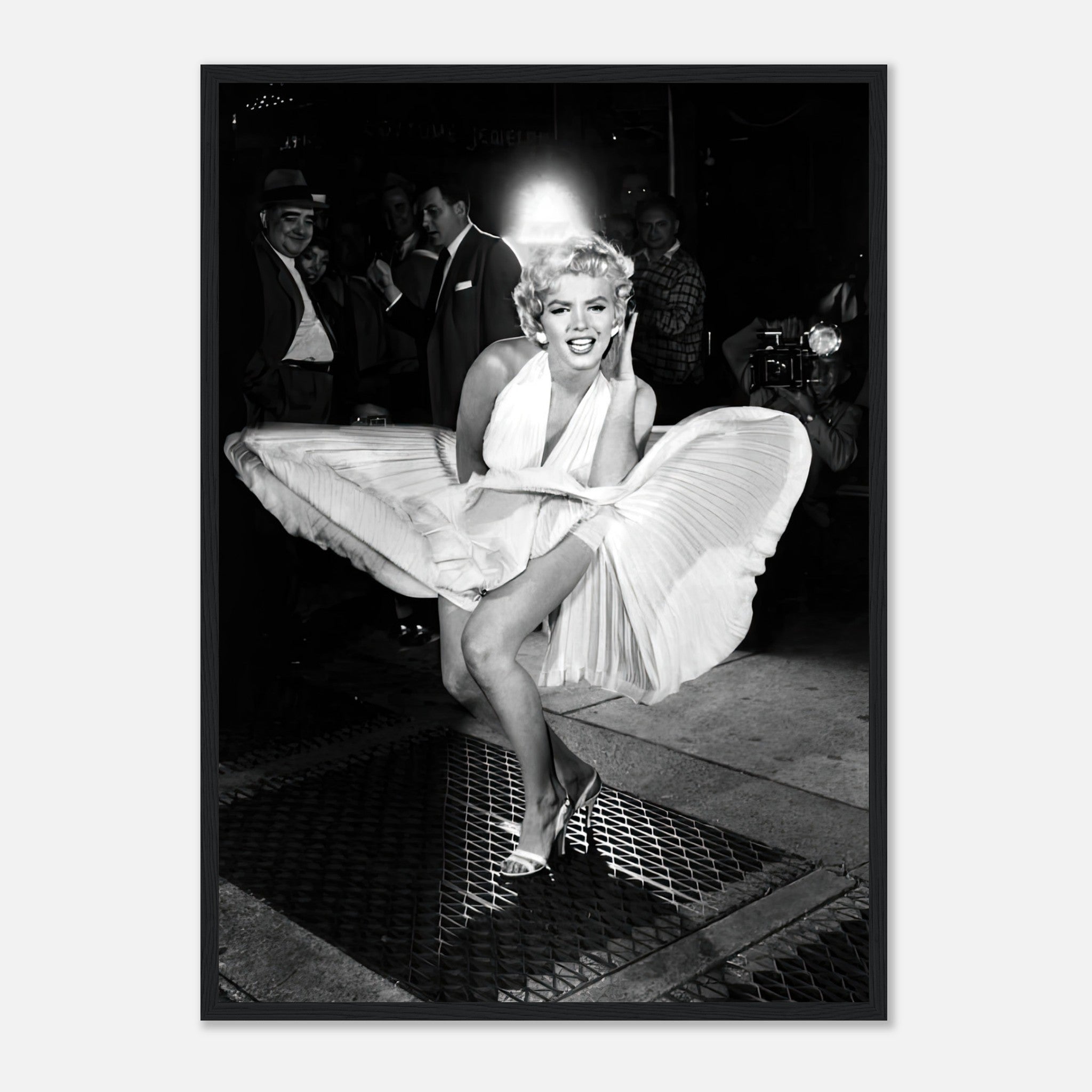 Marilyn Monroe iconic wind-blown moment in white dress, framed print capturing Hollywood glamour from The Seven Year Itch.