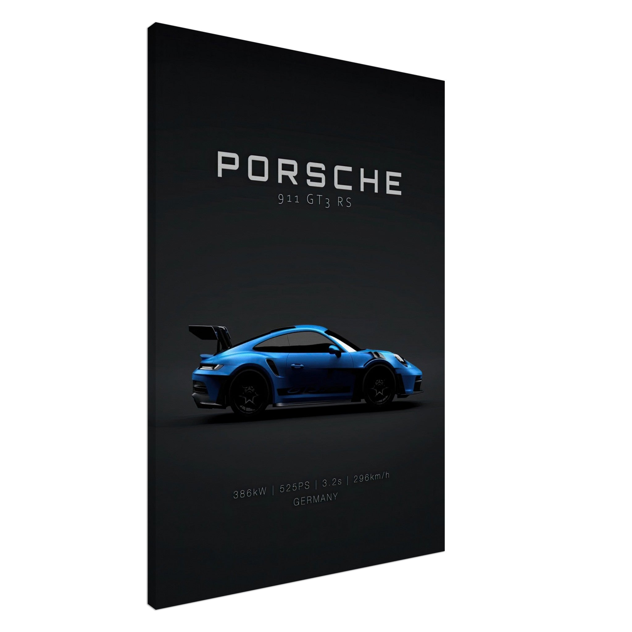 Porsche 911 GT3 RS canvas artwork in vibrant blue, showcasing 525PS power and sleek black background.