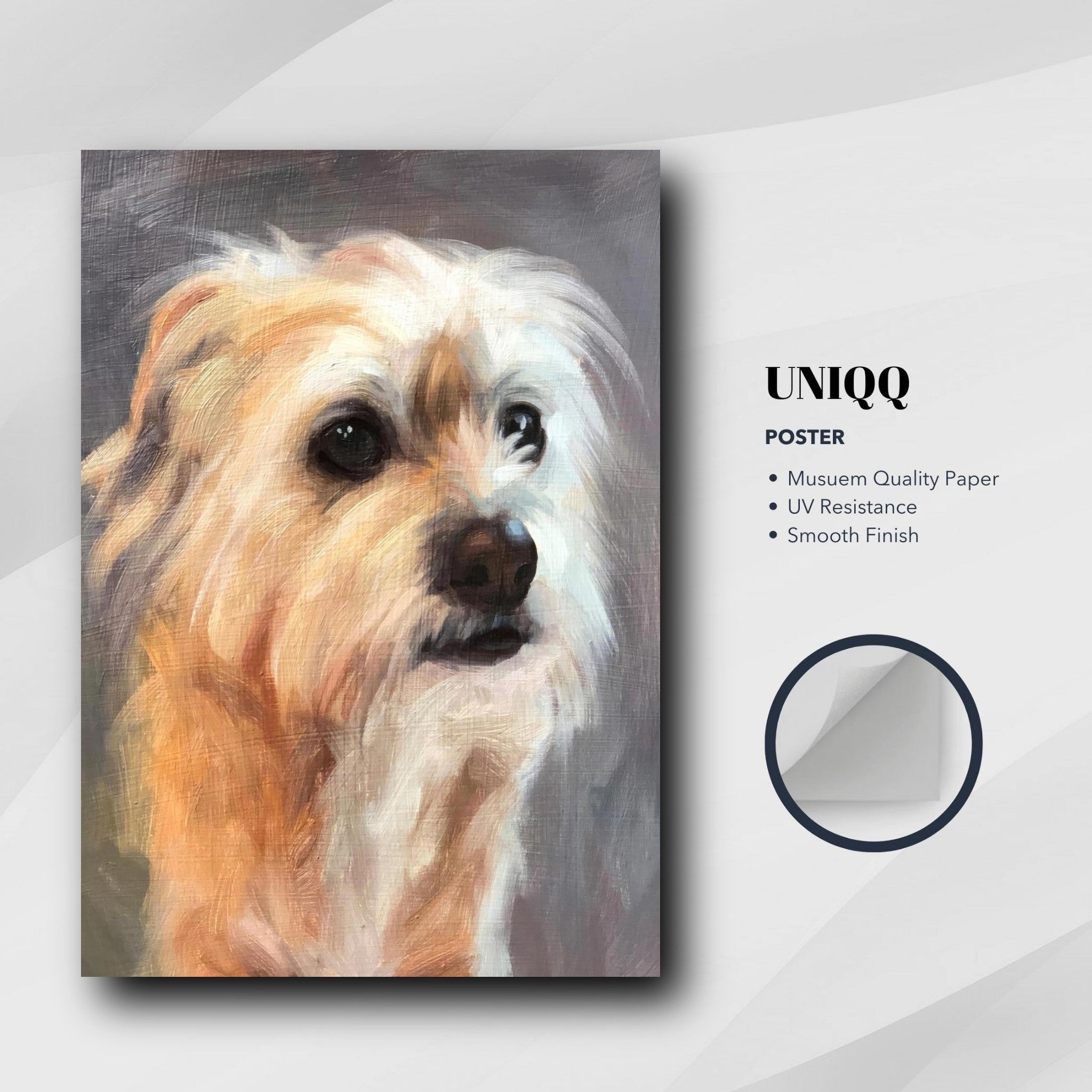 Terrier dog painting poster, lifelike portrait with expressive eyes and soft brushstrokes, adds charm to any space.