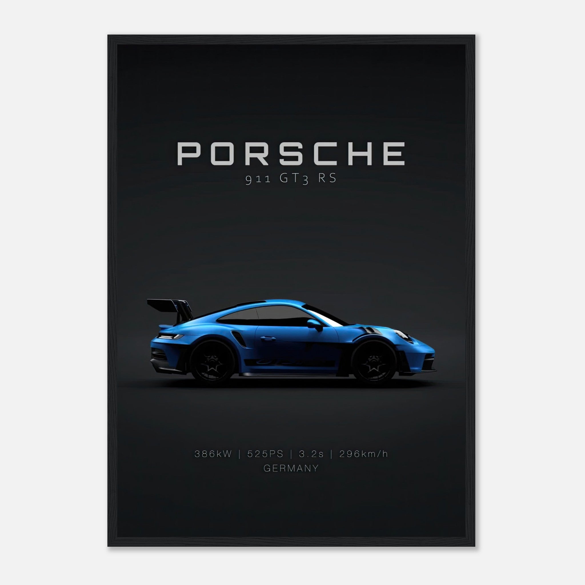 Porsche 911 GT3 RS framed poster showcasing sleek blue sports car on dark background
