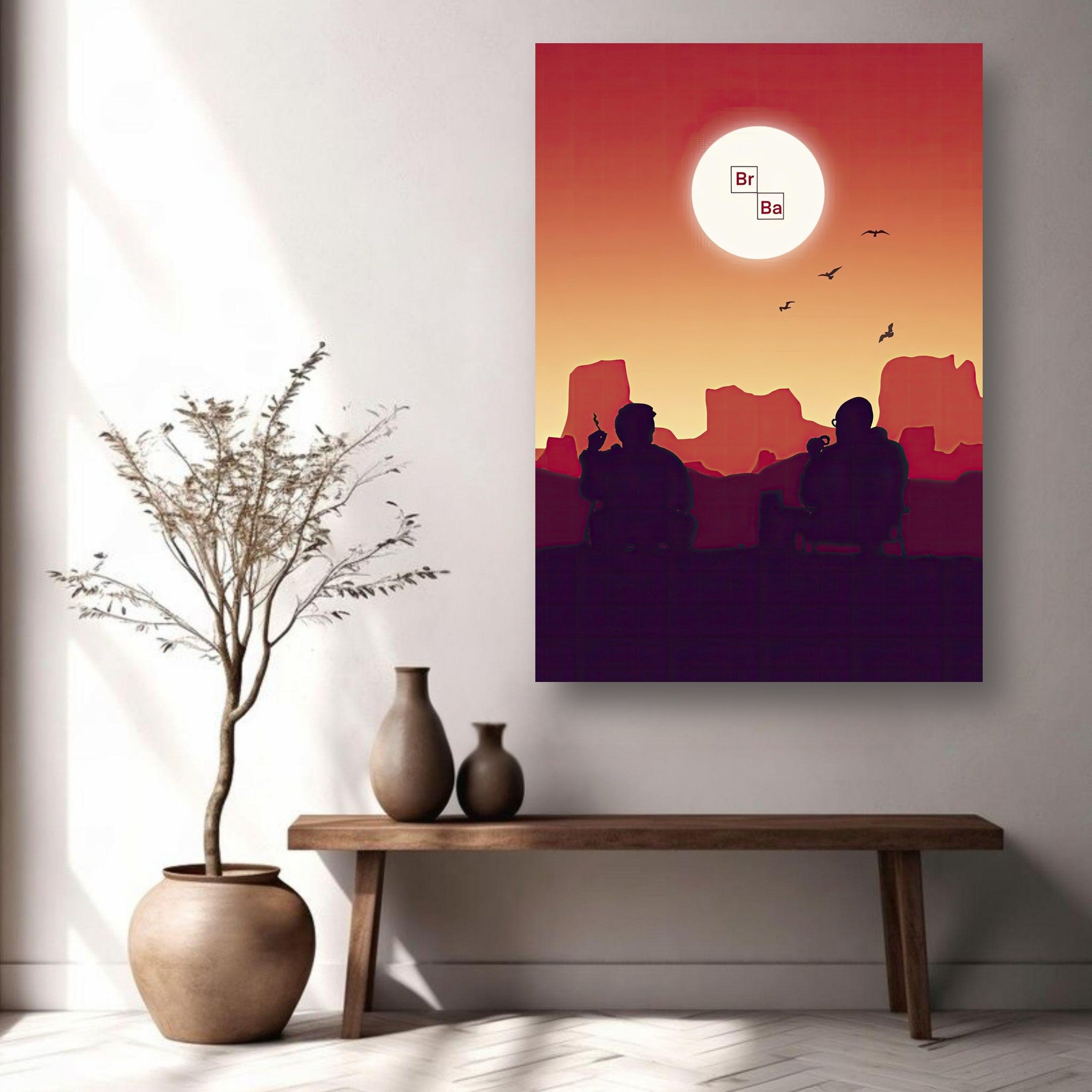 Sunset Breaking Bad metal poster featuring iconic duo against a vibrant desert sunset backdrop.
