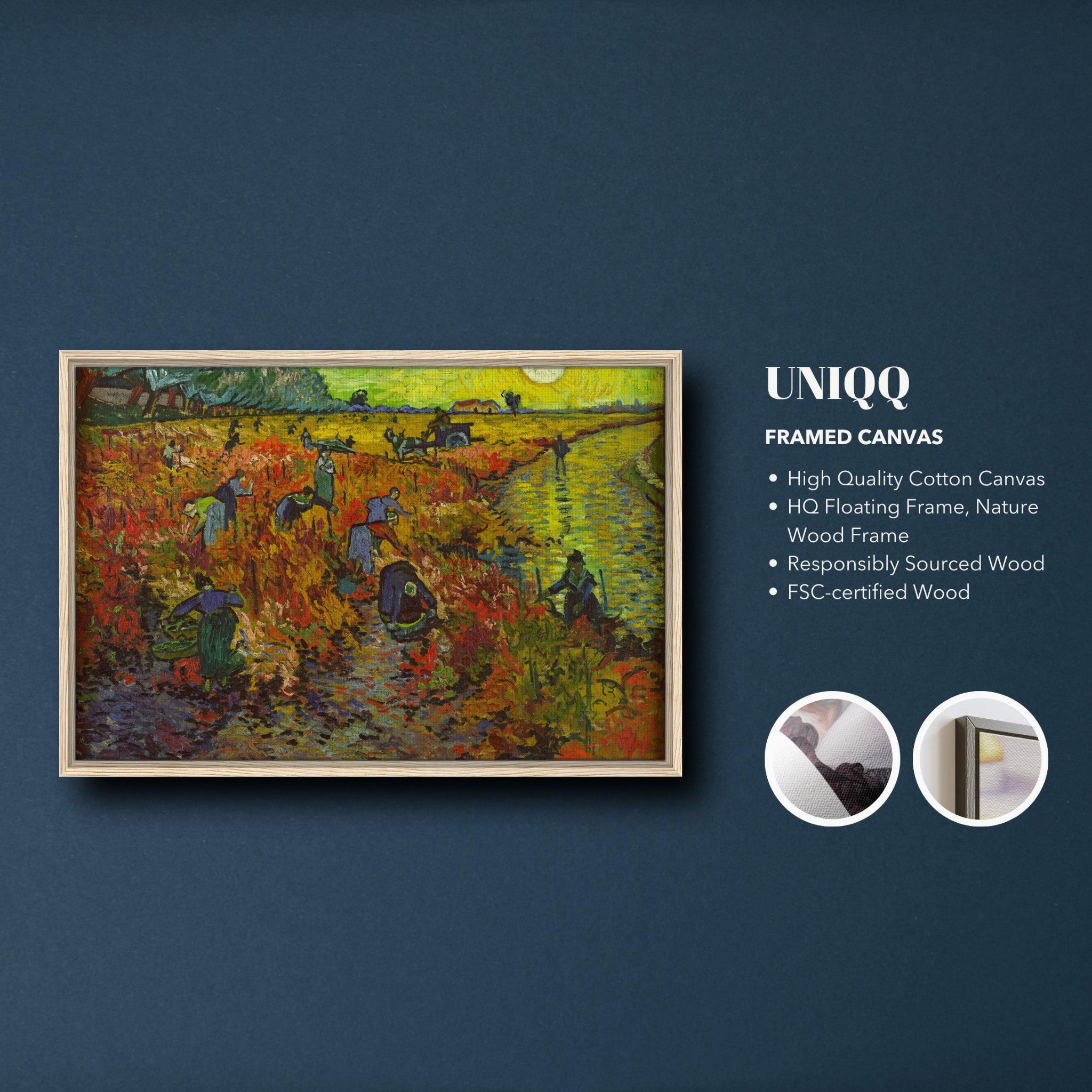Framed canvas print of Van Gogh's The Red Vineyard, showcasing vibrant reds and golds in an autumn scene.