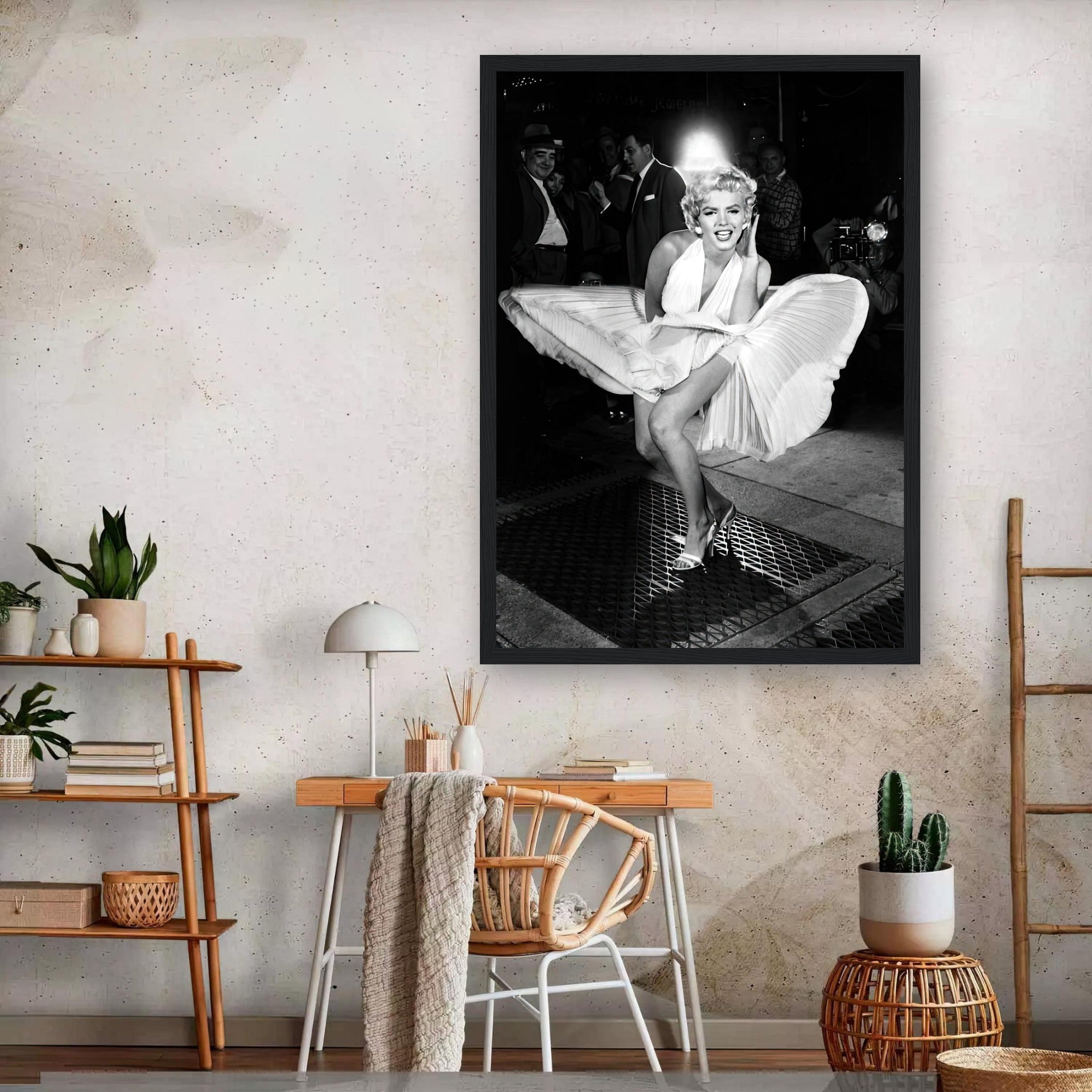 Framed print of Marilyn Monroe in a white dress, capturing her iconic wind-blown moment from The Seven Year Itch.