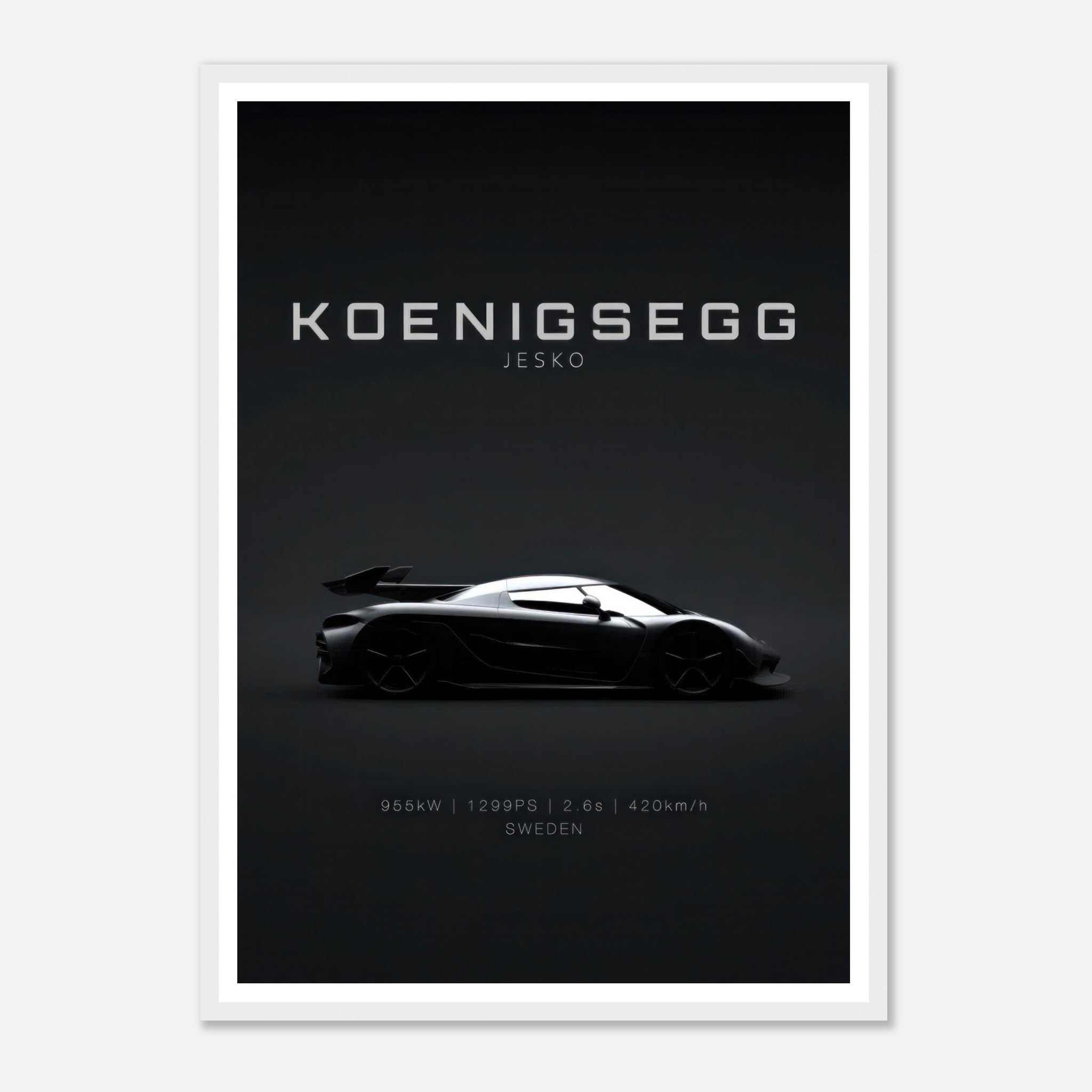 Koenigsegg Jesko framed poster featuring a sleek silhouette on a minimalist black background.