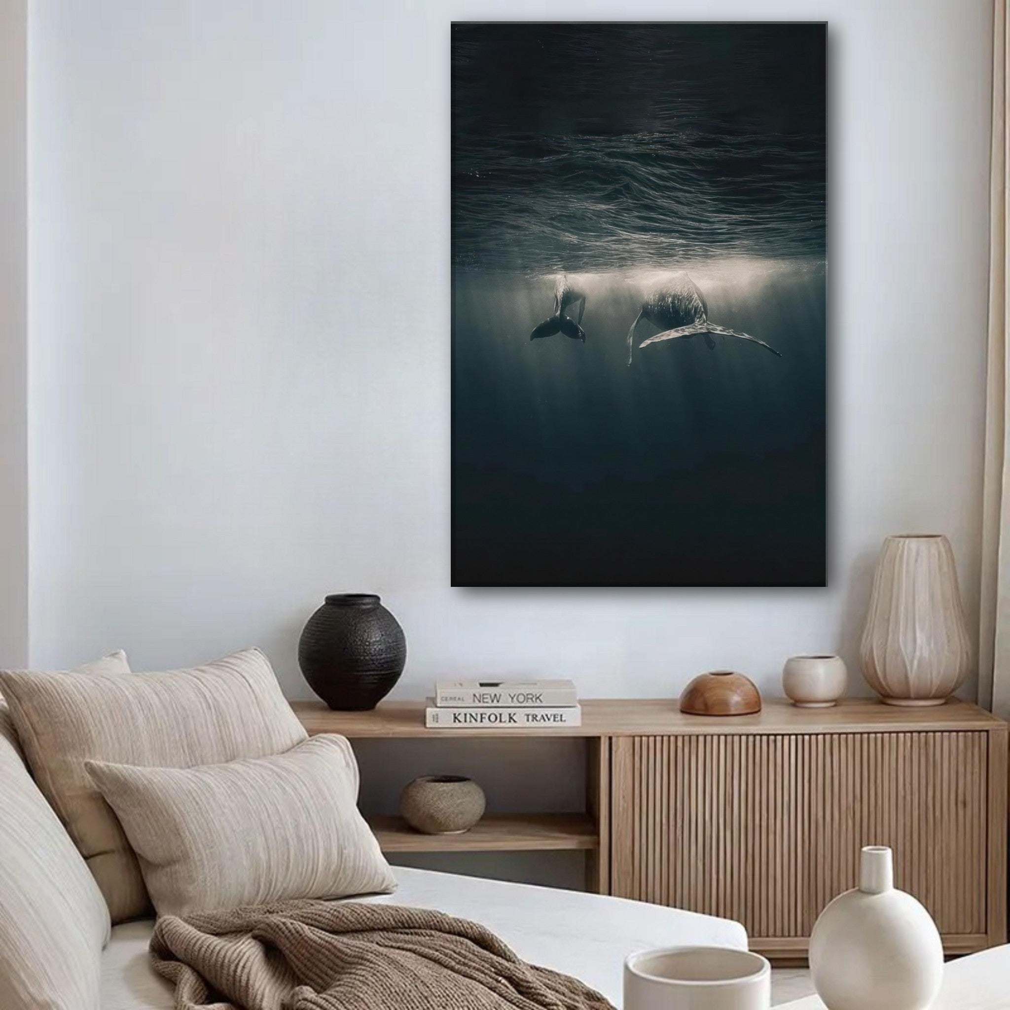 Whales in ocean underwater canvas print depicting two whales gliding gracefully beneath soft rays of light.