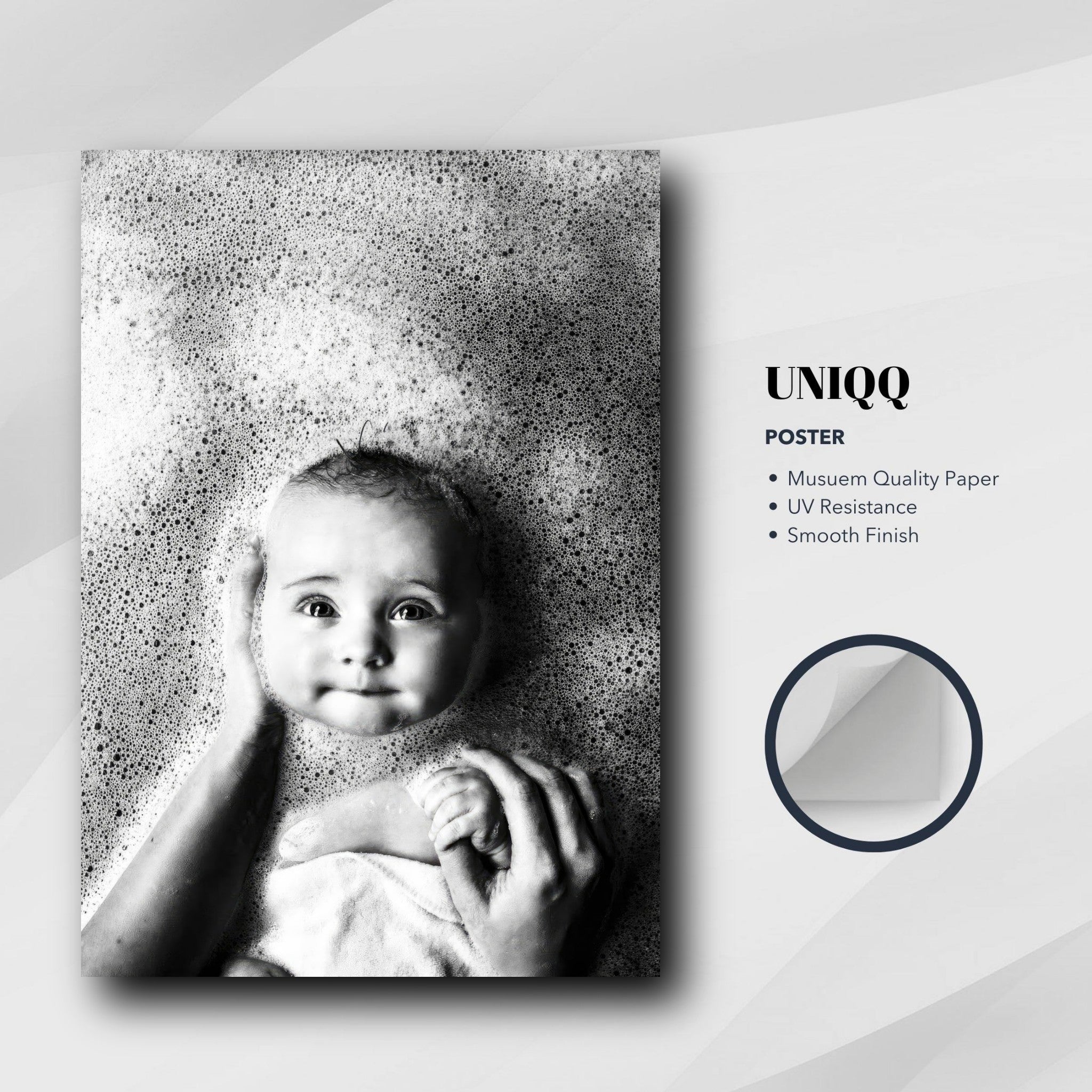 Heartwarming black and white baby bath photography poster featuring a joyful baby surrounded by bubbles.