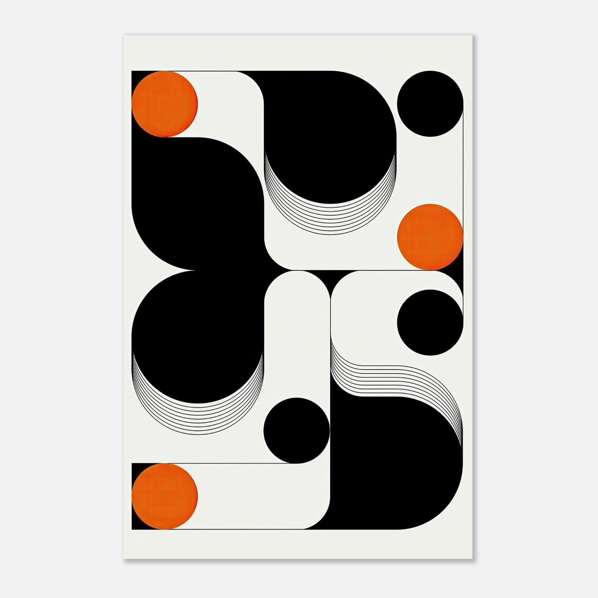 Modern geometric abstract art metal print featuring black, white, and vibrant orange tones in dynamic circular patterns.