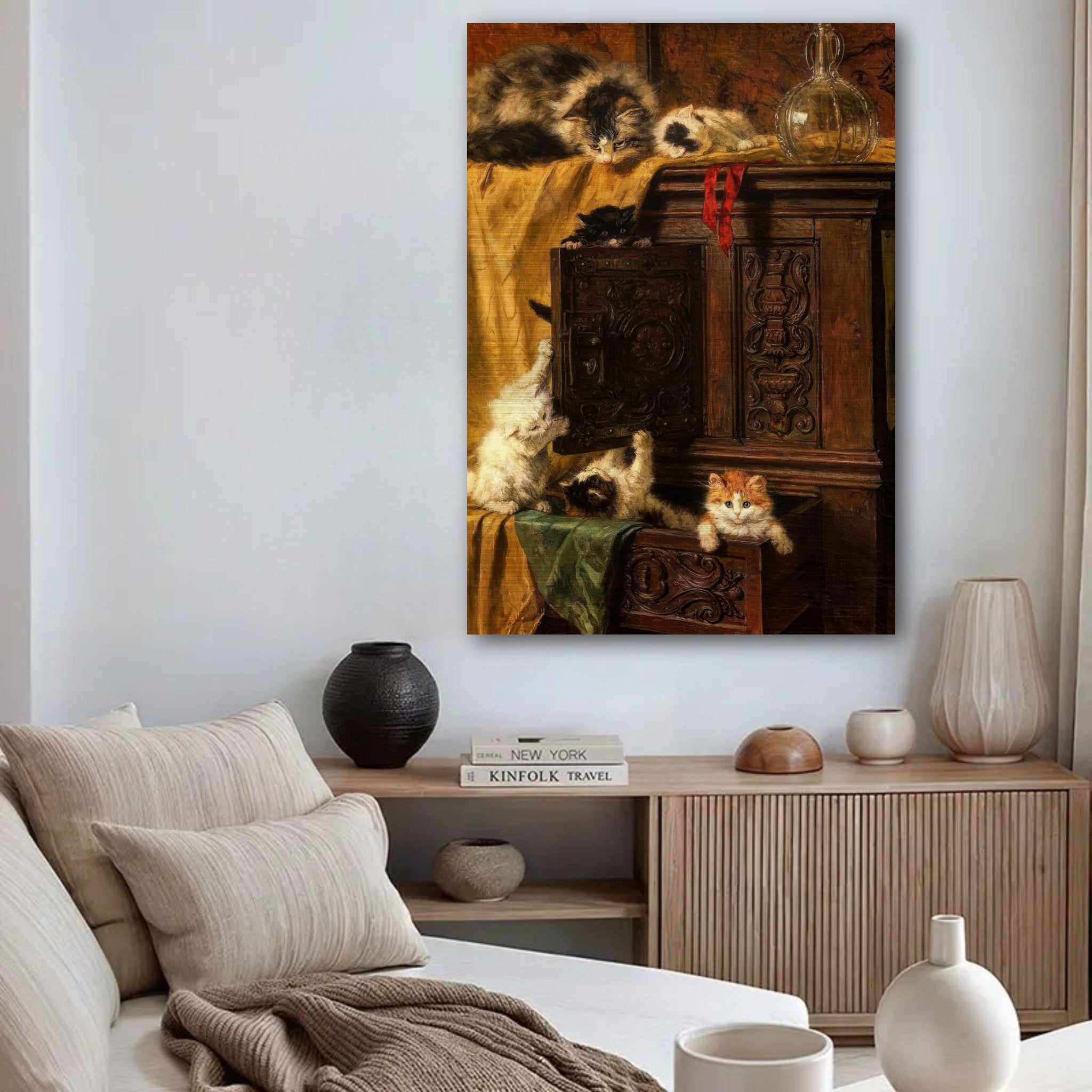 Vintage cat painting on brushed metal, featuring playful kittens in warm tones, enhancing modern home decor.