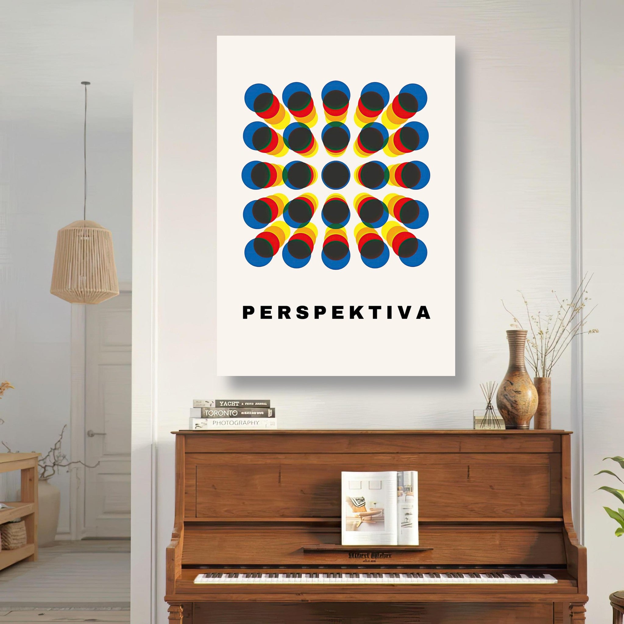 Perspective Abstract Art Metal Print featuring vibrant geometric shapes in primary colors on a minimal background.
