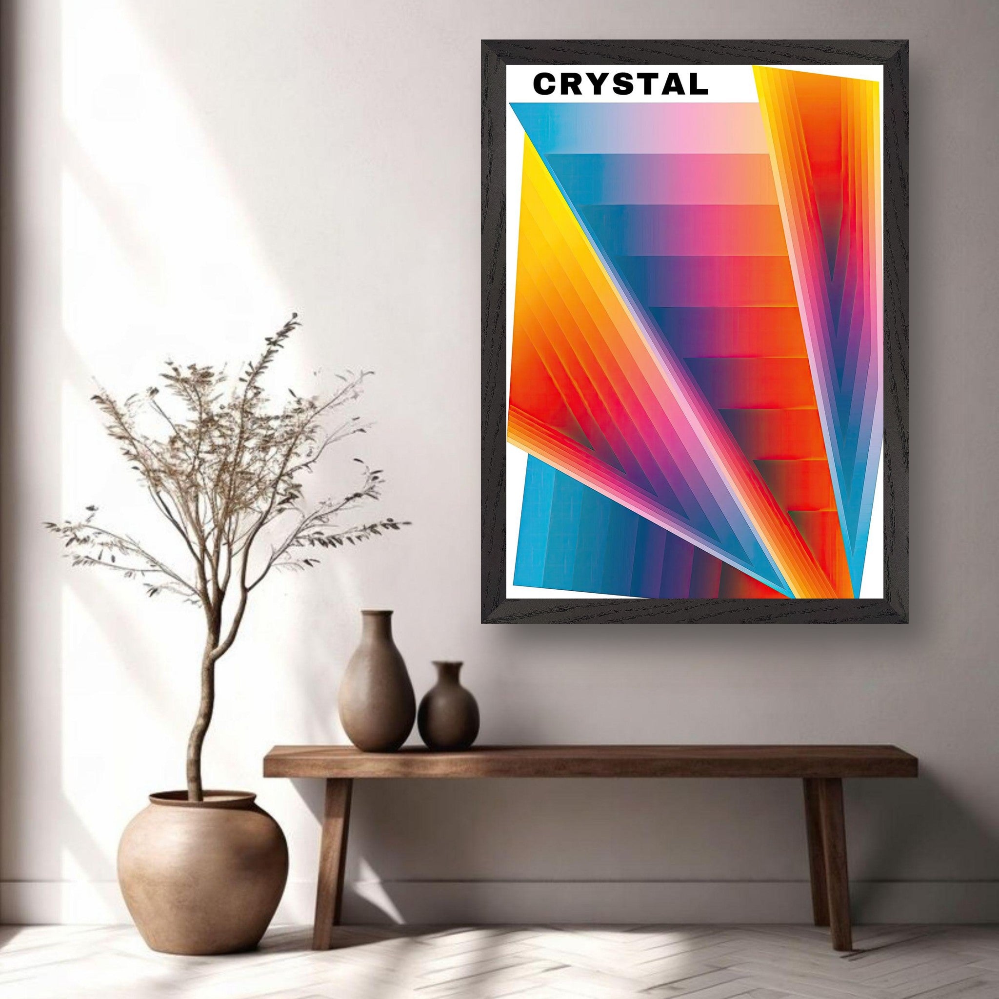 Vibrant Crystal Abstract Art Vintage Framed Print displayed in a stylish interior with plants and decor.