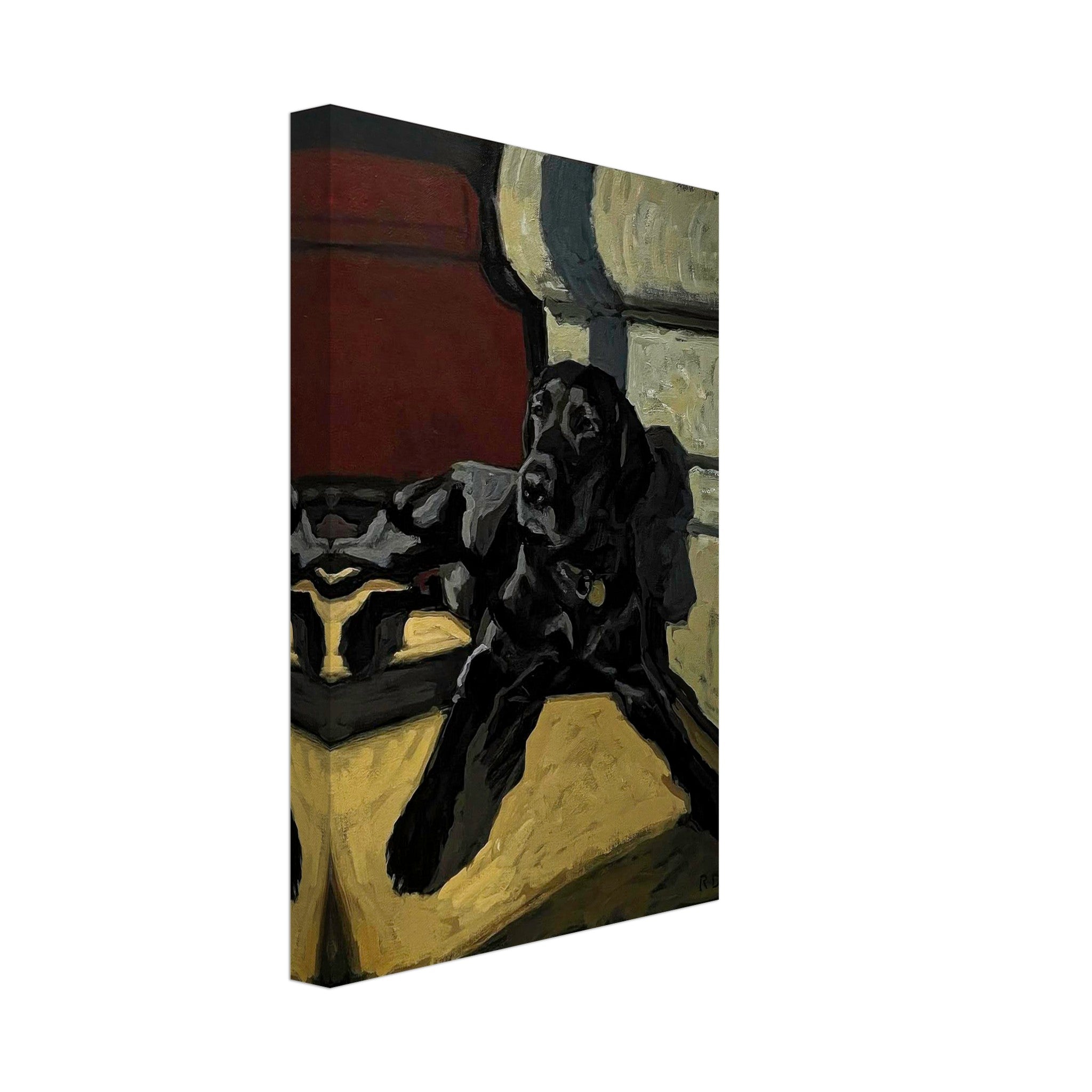 Black Labrador Dog Painting Canvas Print featuring a relaxed black lab resting, perfect for warm, charming decor.