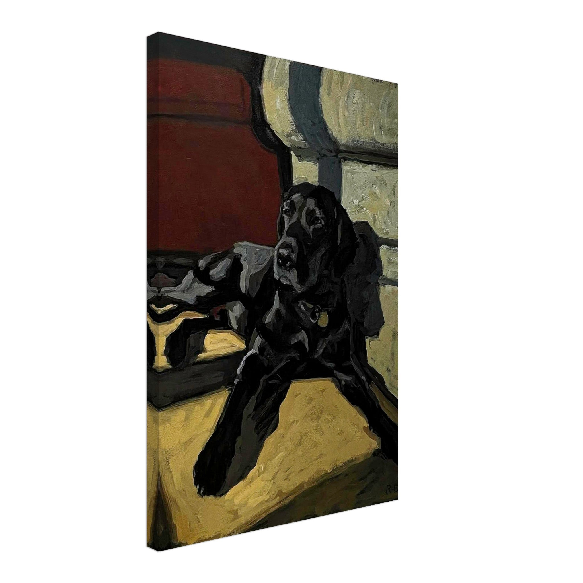 Black Labrador dog painting on canvas print, showcasing a relaxed pose in rich earthy tones.