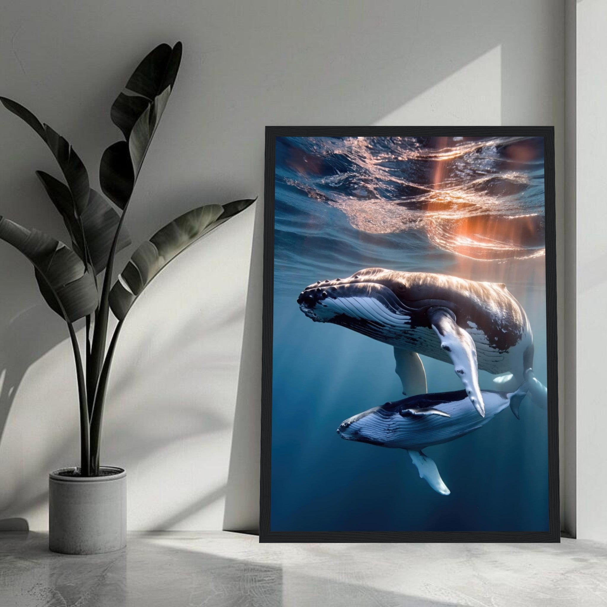 Framed print of a humpback whale and calf swimming underwater in crystal-clear ocean waters.