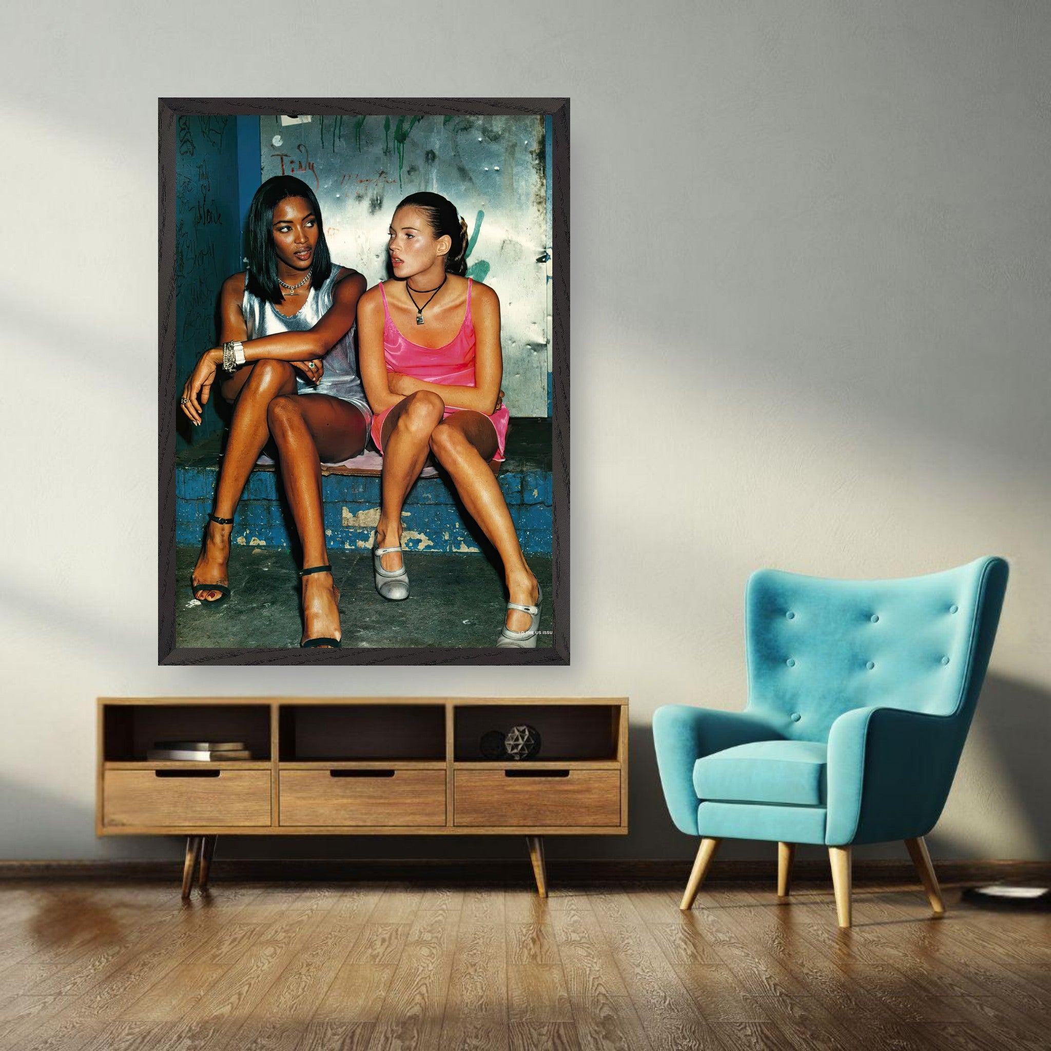 Fine art print of Naomi Campbell and Kate Moss showcasing timeless fashion and elegance in a stylish interior.
