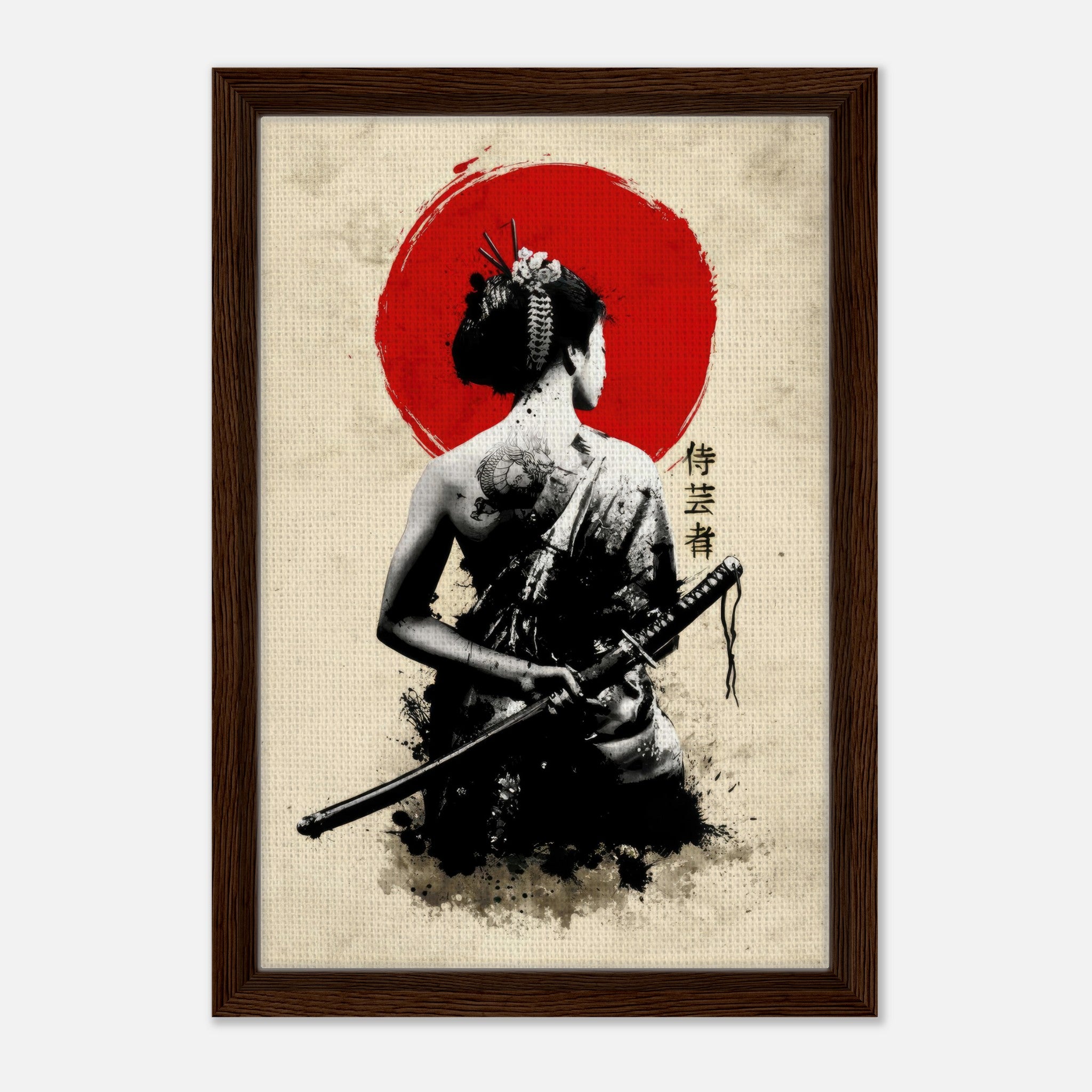 Framed canvas of a geisha holding a katana, with a red sun background, symbolizing strength and elegance.