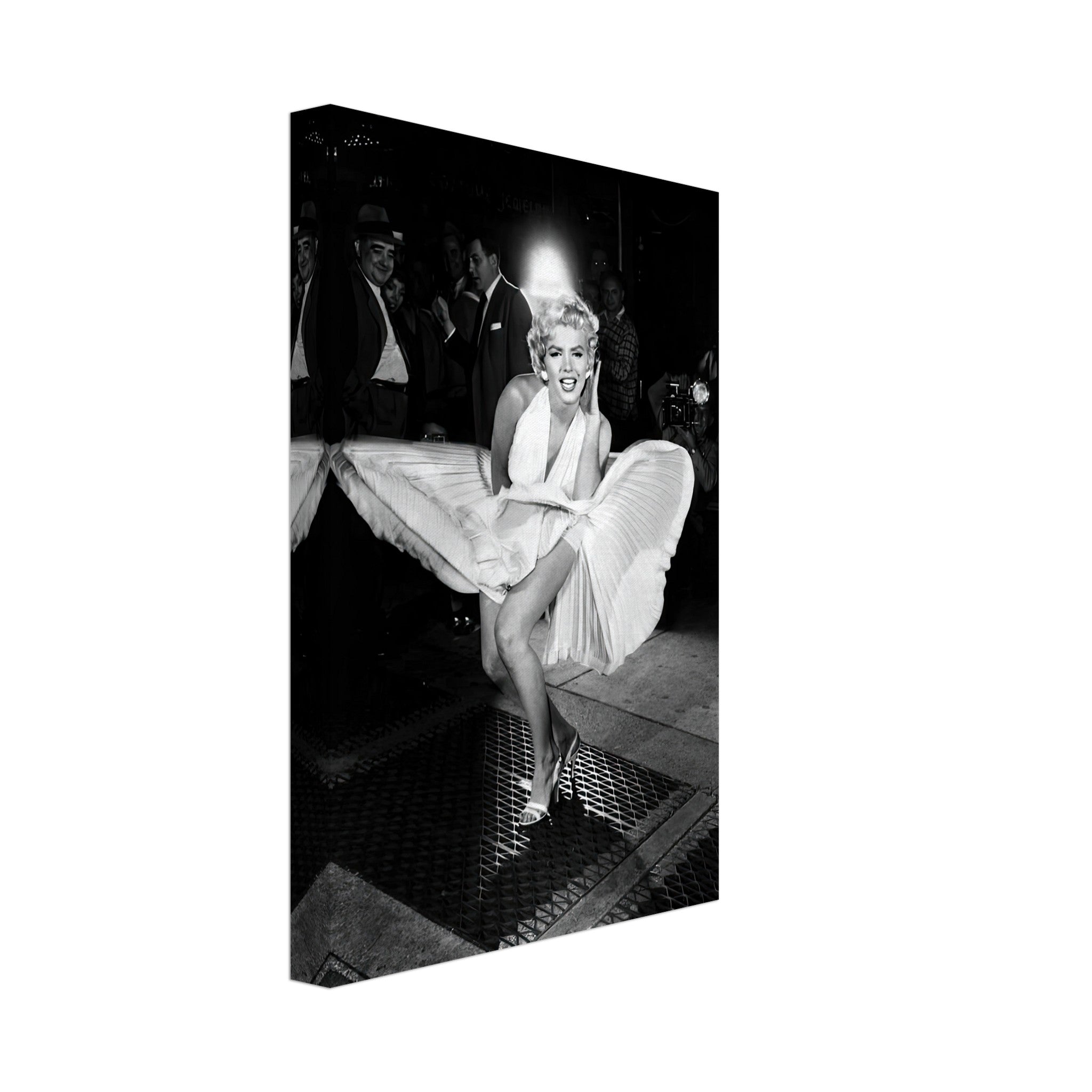 Marilyn Monroe in a white dress lifted by wind, iconic black-and-white canvas print capturing Hollywood glamour.
