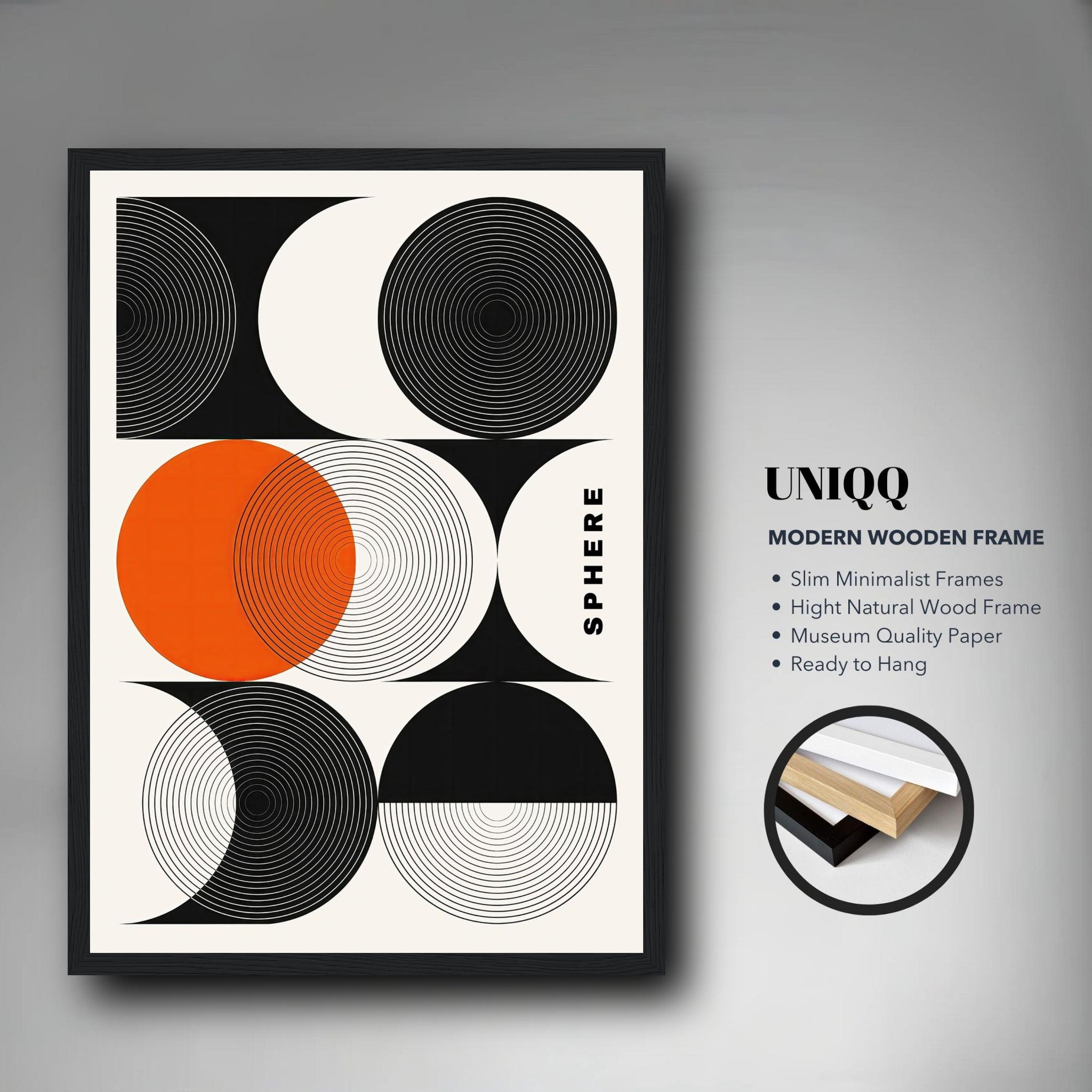 Abstract Geometric Sphere Art Framed Print with bold circular patterns in black, white, and vibrant orange.
