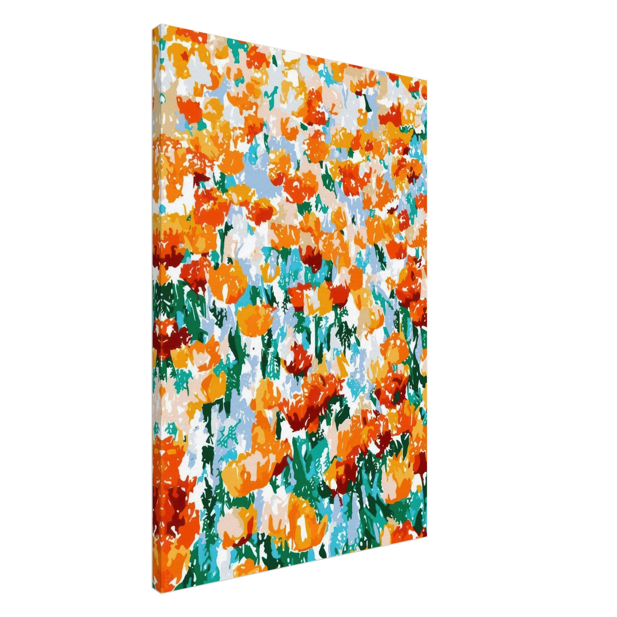 Vibrant abstract floral canvas print featuring bold orange and red tulips against a colorful background.