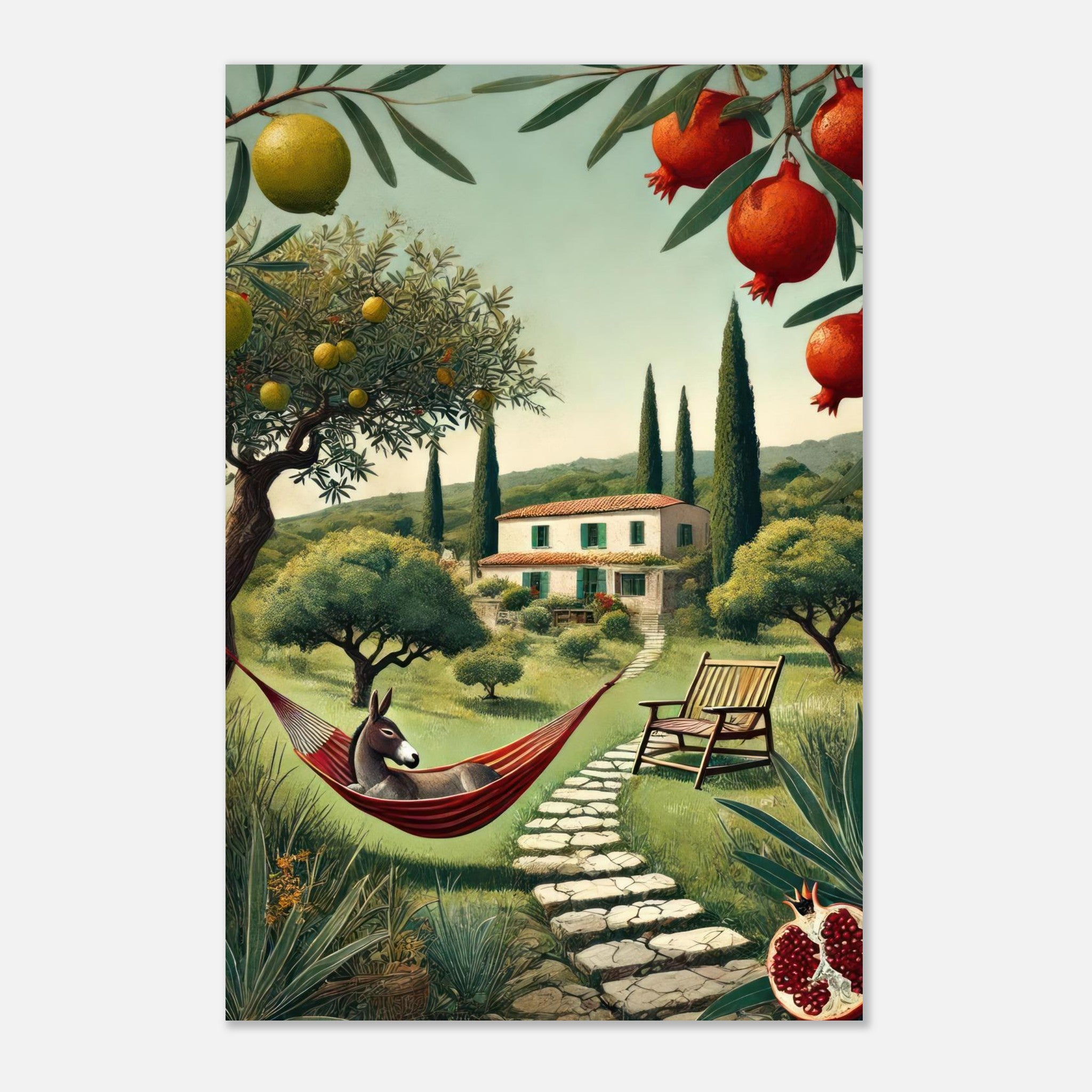 Mediterranean rural landscape metal print featuring a serene villa, olive trees, and a hammock with a donkey.