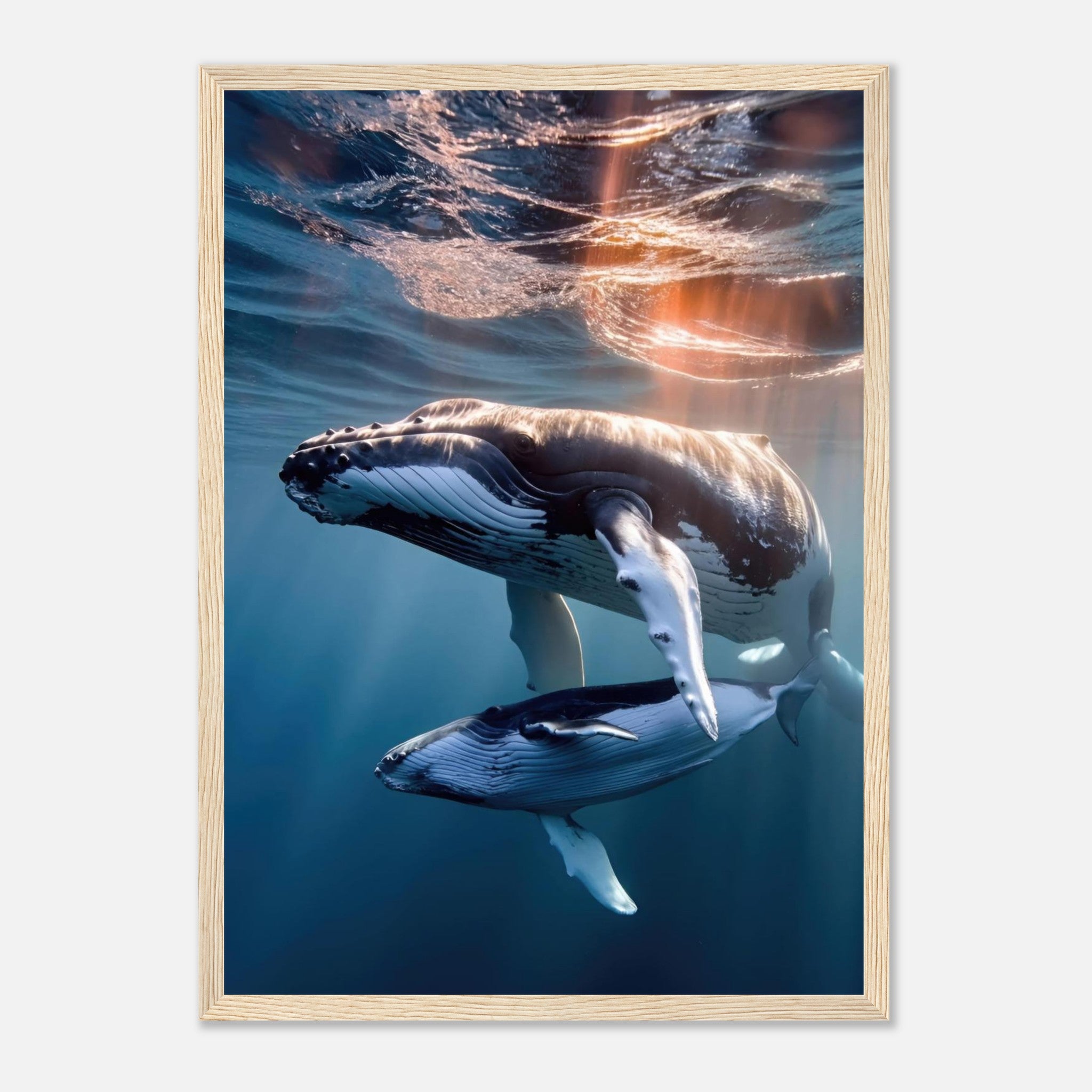 Stunning framed print of a humpback whale and calf underwater, showcasing the ocean's vibrant blues and gentle marine life.