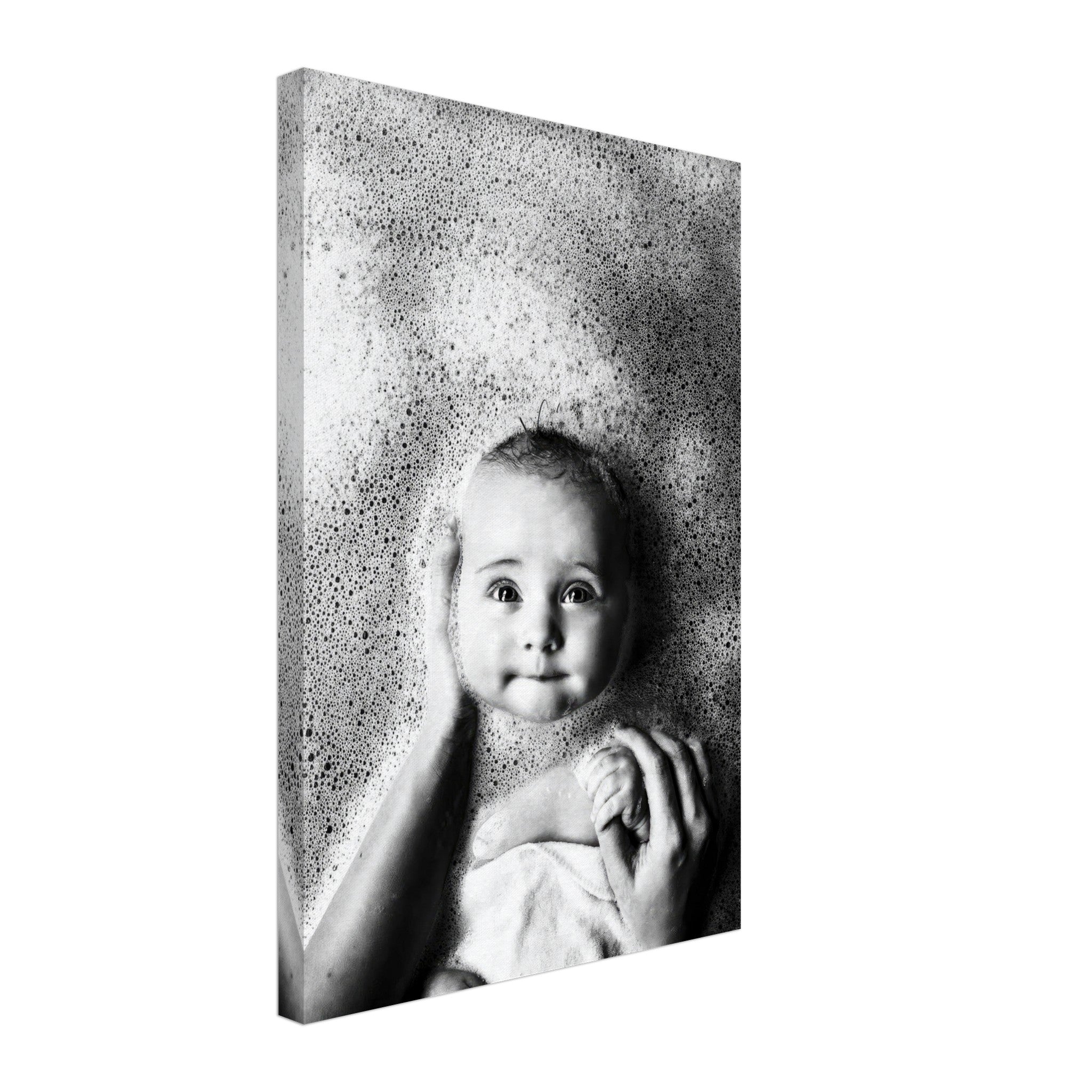 Baby bath photography canvas print featuring a smiling baby surrounded by bubbles in a black-and-white design.