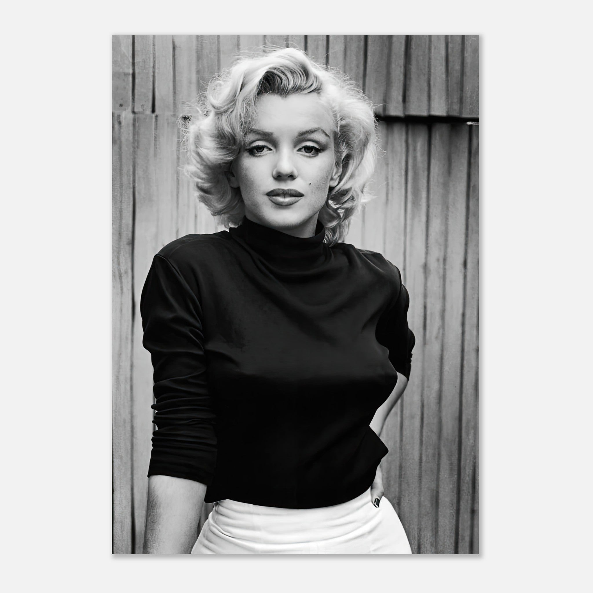 Marilyn Monroe black-and-white portrait poster showcasing her classic beauty and elegance.