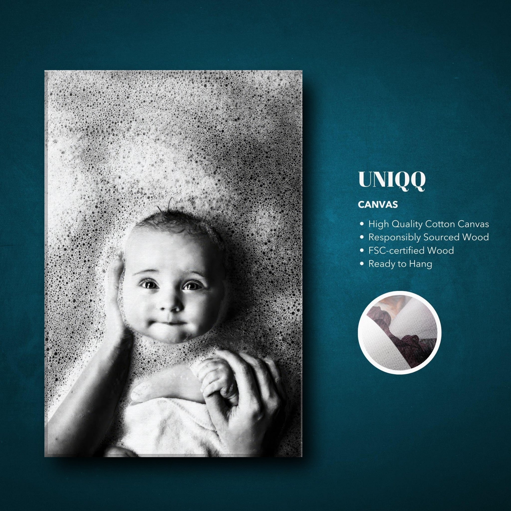 Baby bath photography canvas print featuring a joyful baby surrounded by soft bubbles.