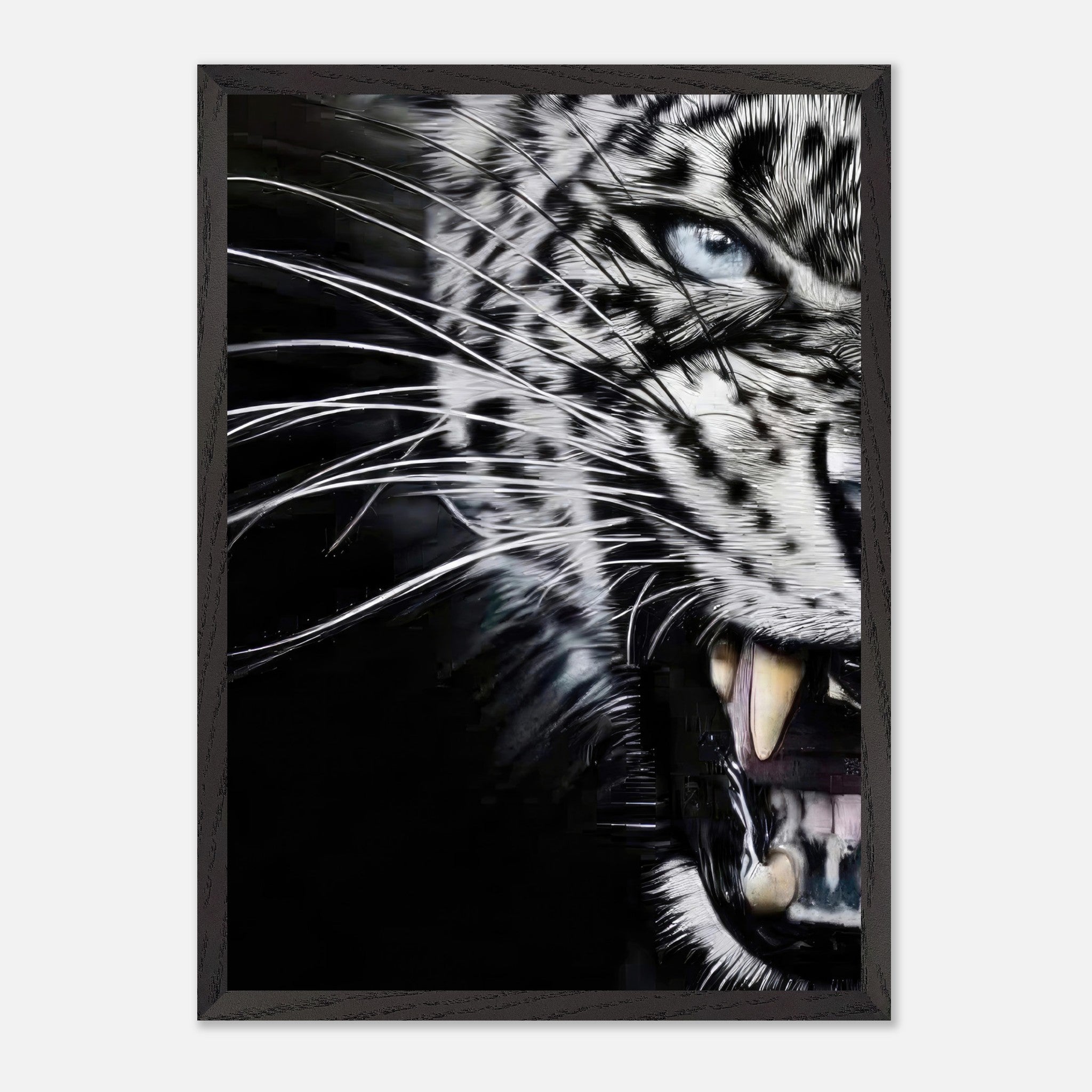 Close-up portrait of a fierce leopard in a vintage frame, showcasing detailed fur, piercing blue eyes, and sharp fangs.